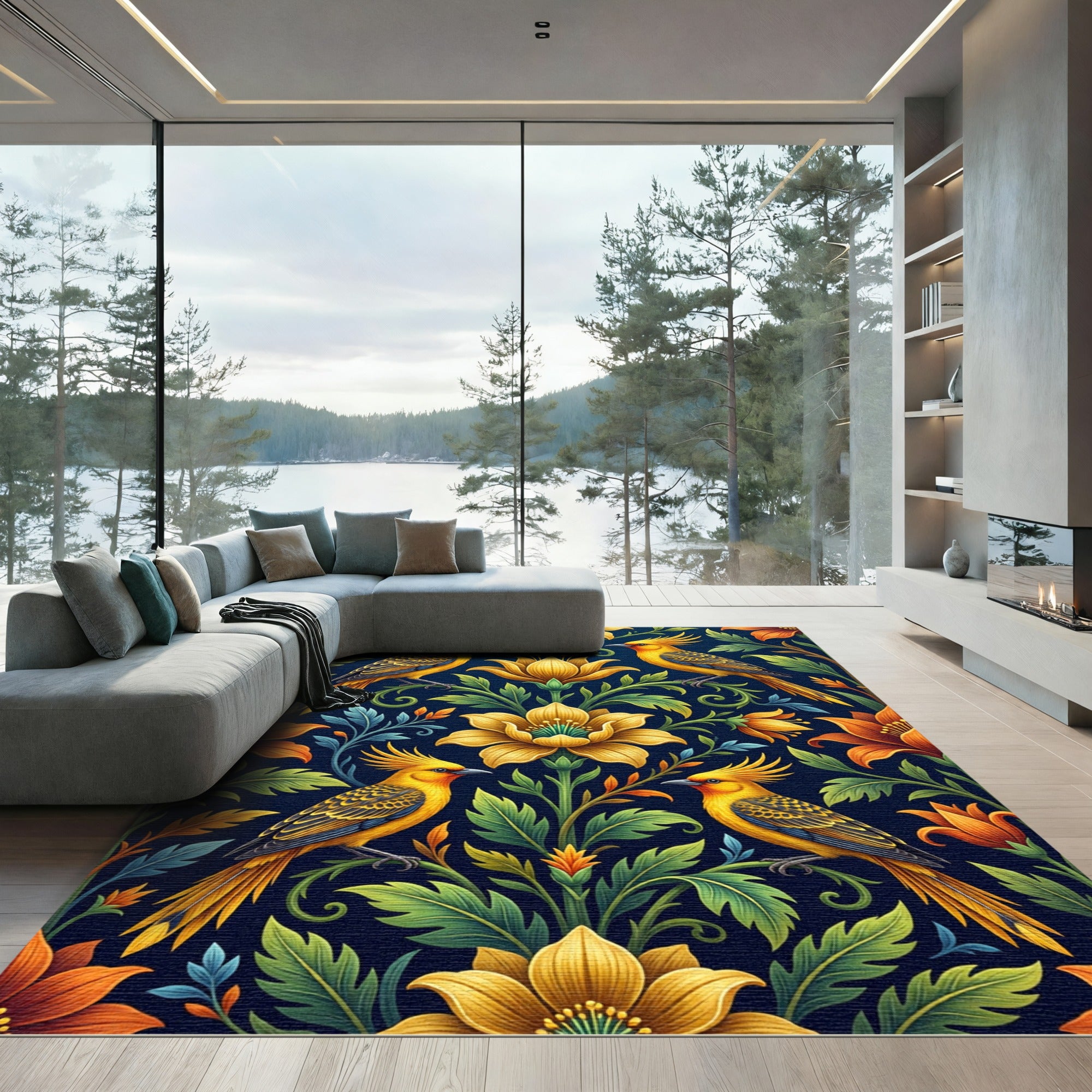 Golden Bird and Floral Botanical Art Rug