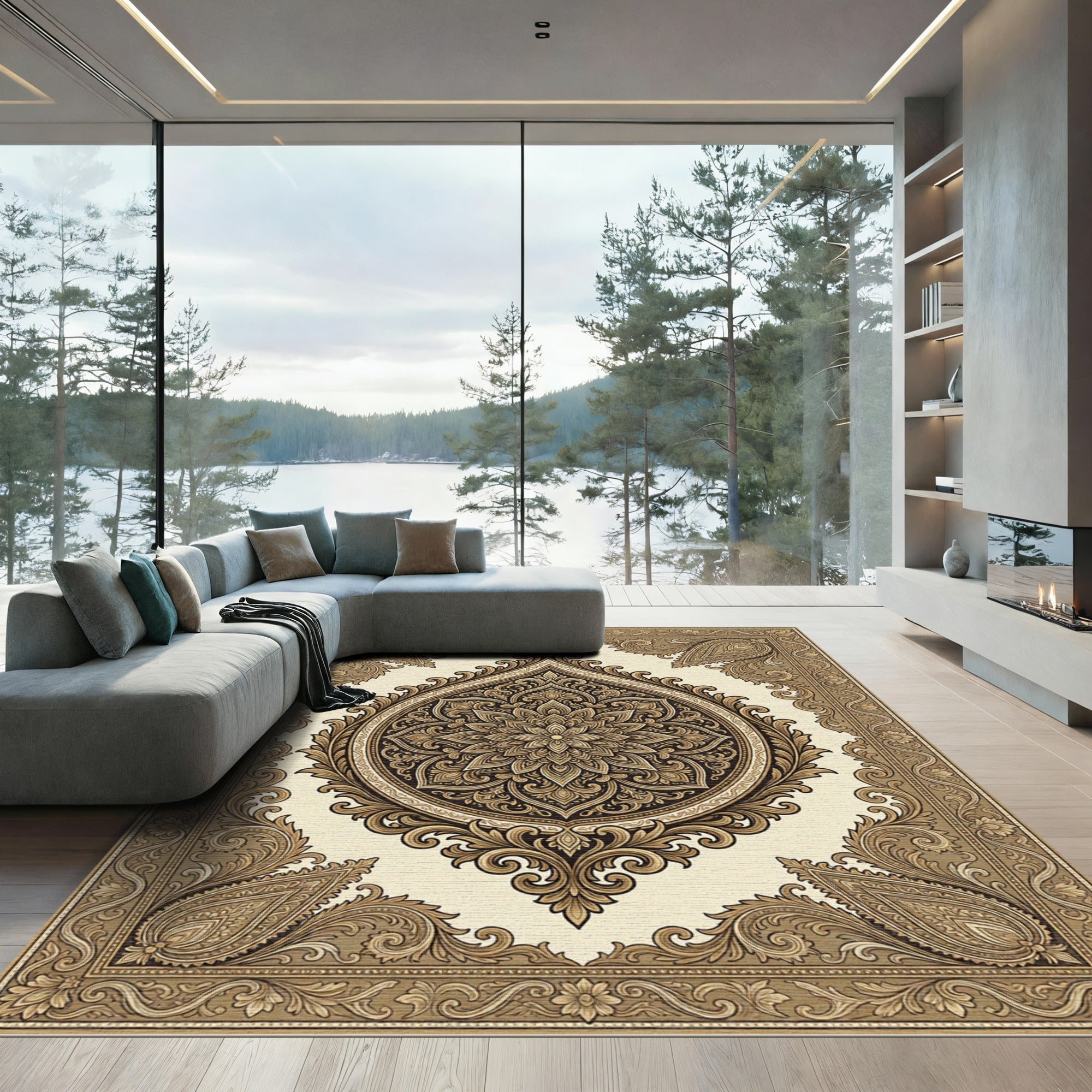 Golden Paisley Medallion Ornate Rug