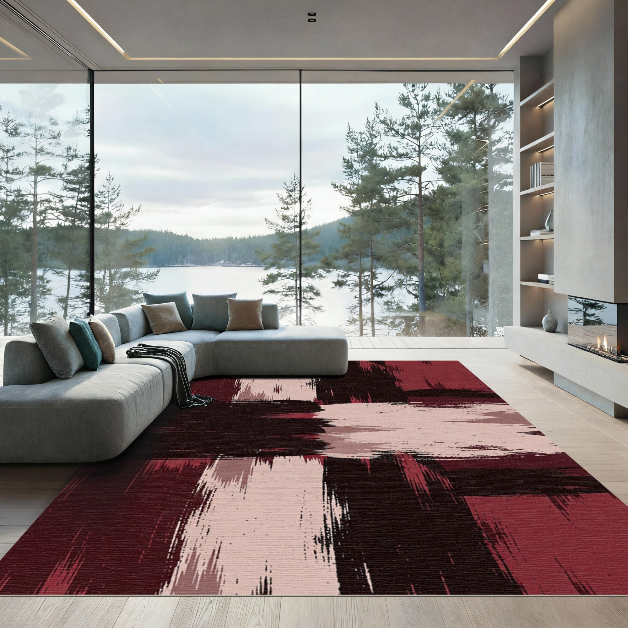 Bold Crimson and Cream Abstract Cross Rug