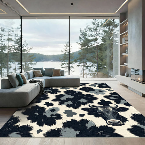 Abstract Black and White Cow Illustration Rug