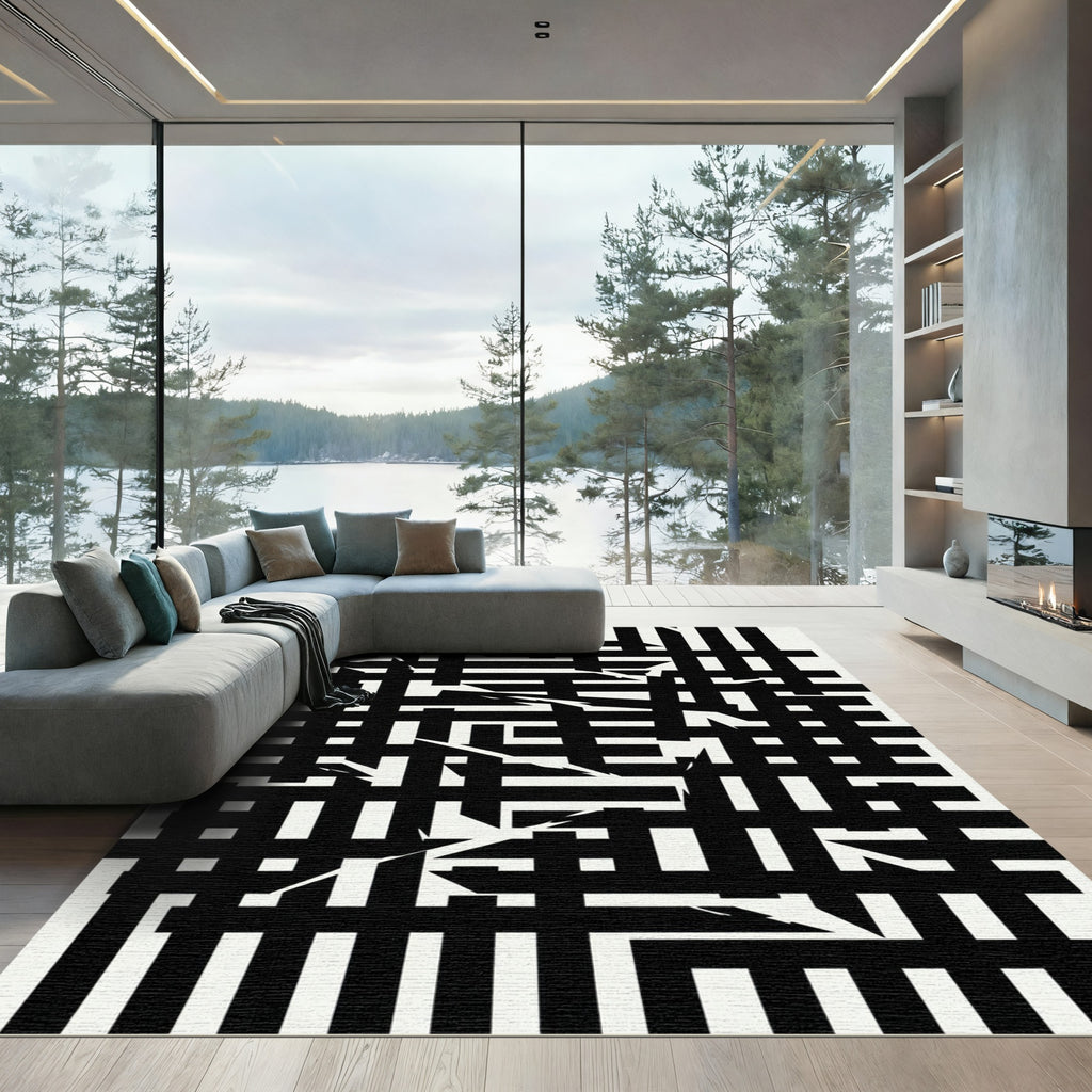 Monochromatic Abstract Black White Intersecting Lines Rug