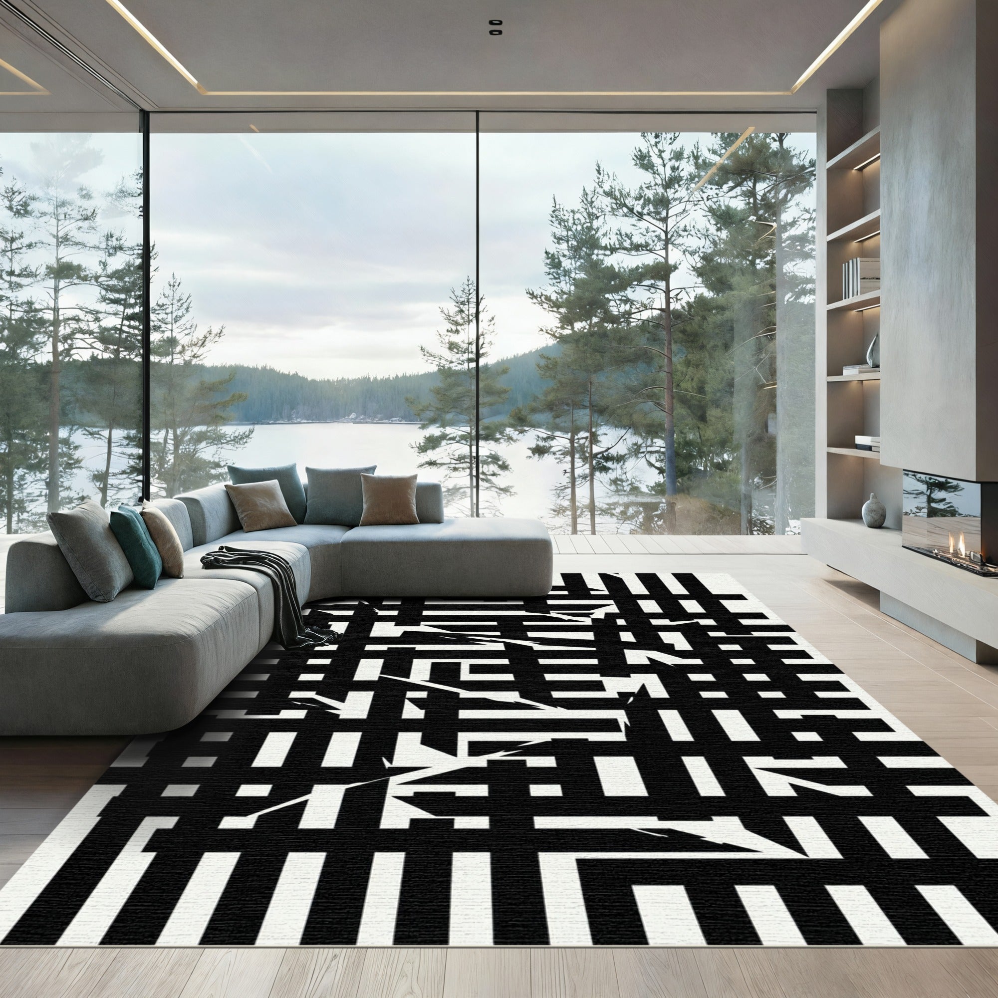 Monochromatic Abstract Black White Intersecting Lines Rug