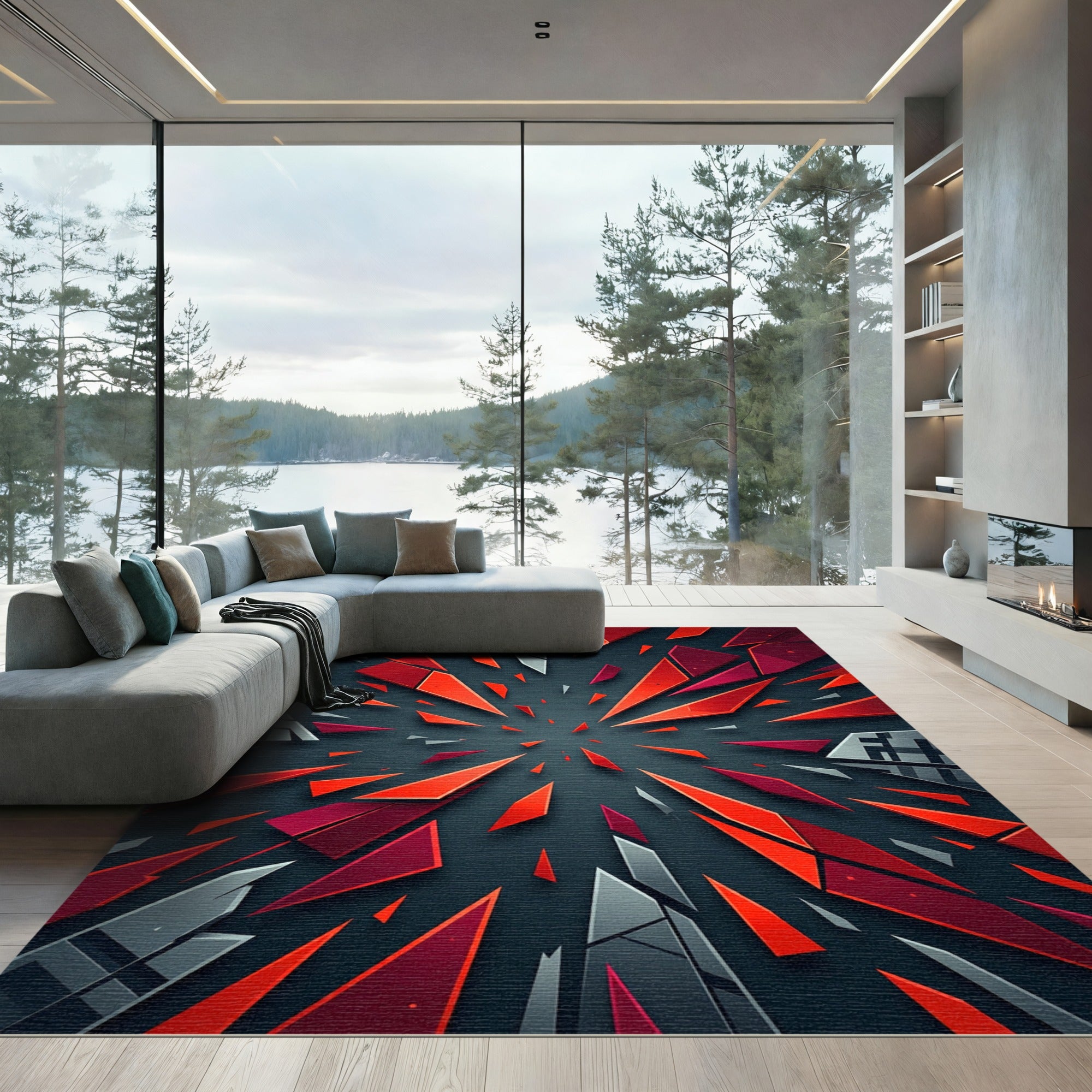 Abstract Red Geometric Explosion Rug