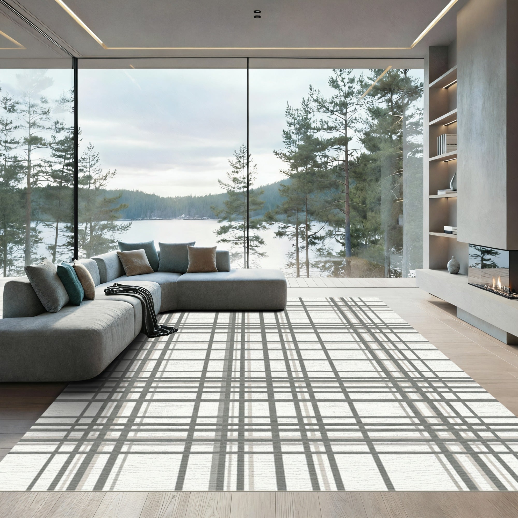 Subtle Gray Tartan Grid Rug