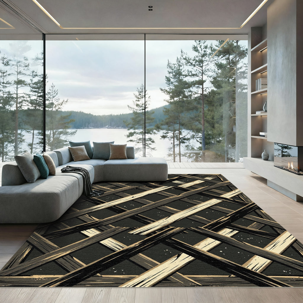 Rustic Ebony Wood Lattice Abstract Art Rug