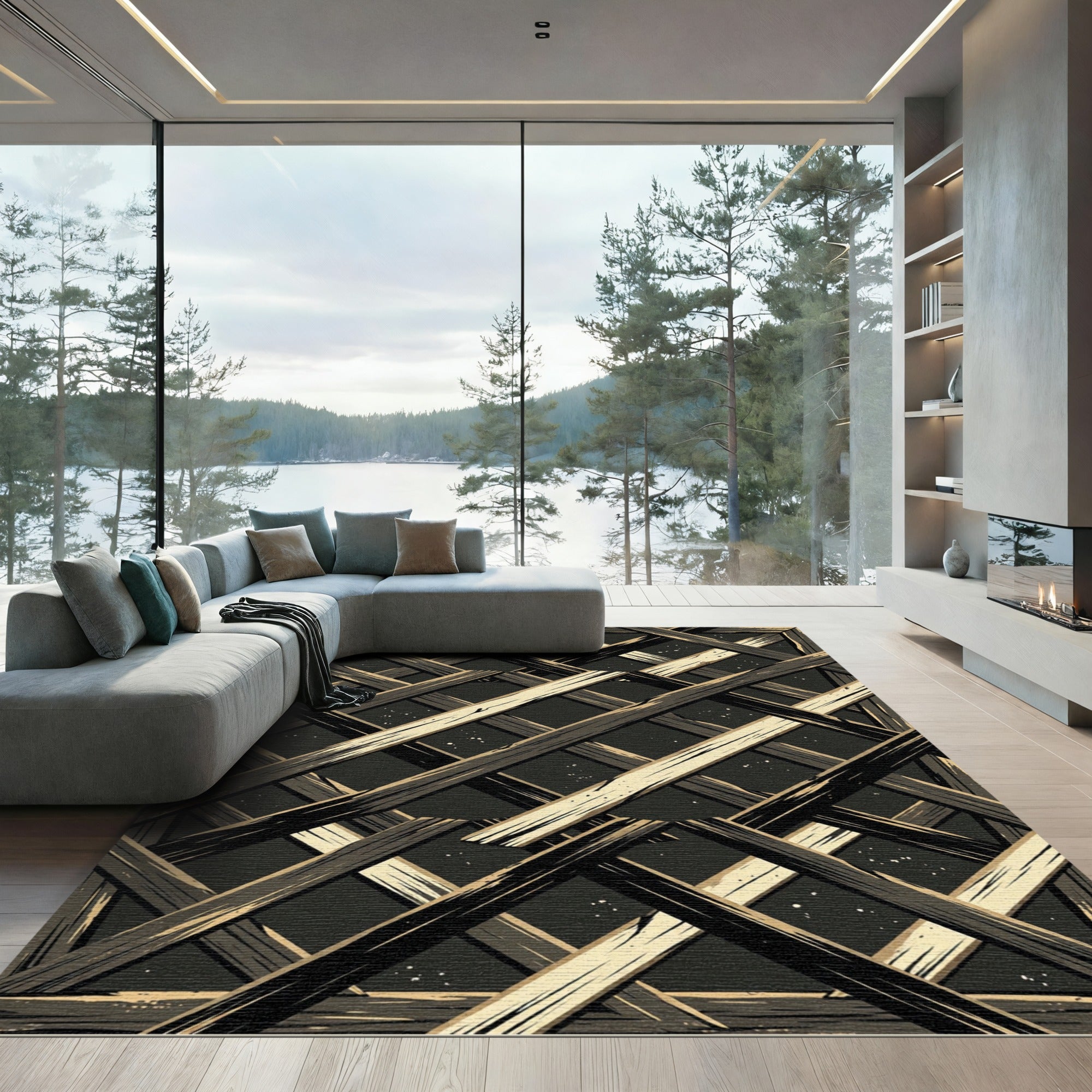 Rustic Ebony Wood Lattice Abstract Art Rug