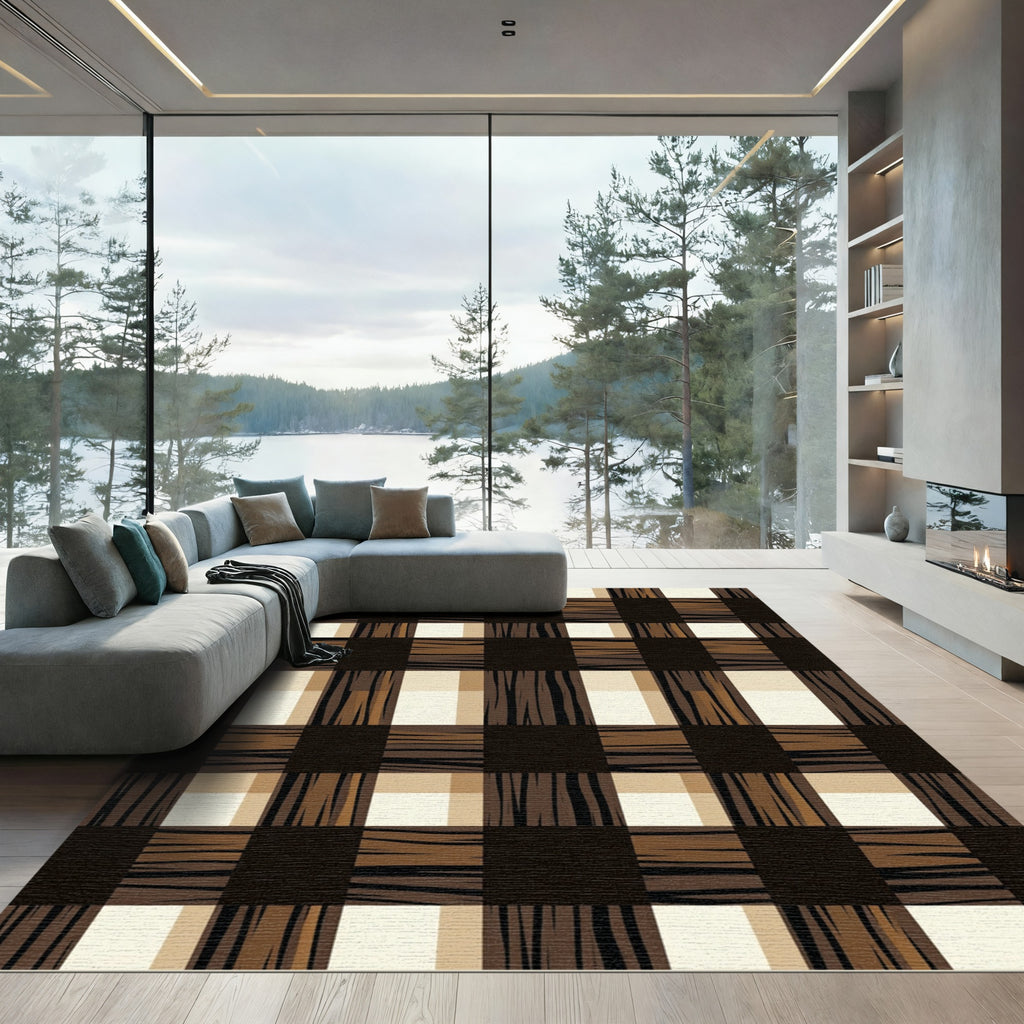 Brown Black Cream Gingham Checks Rug