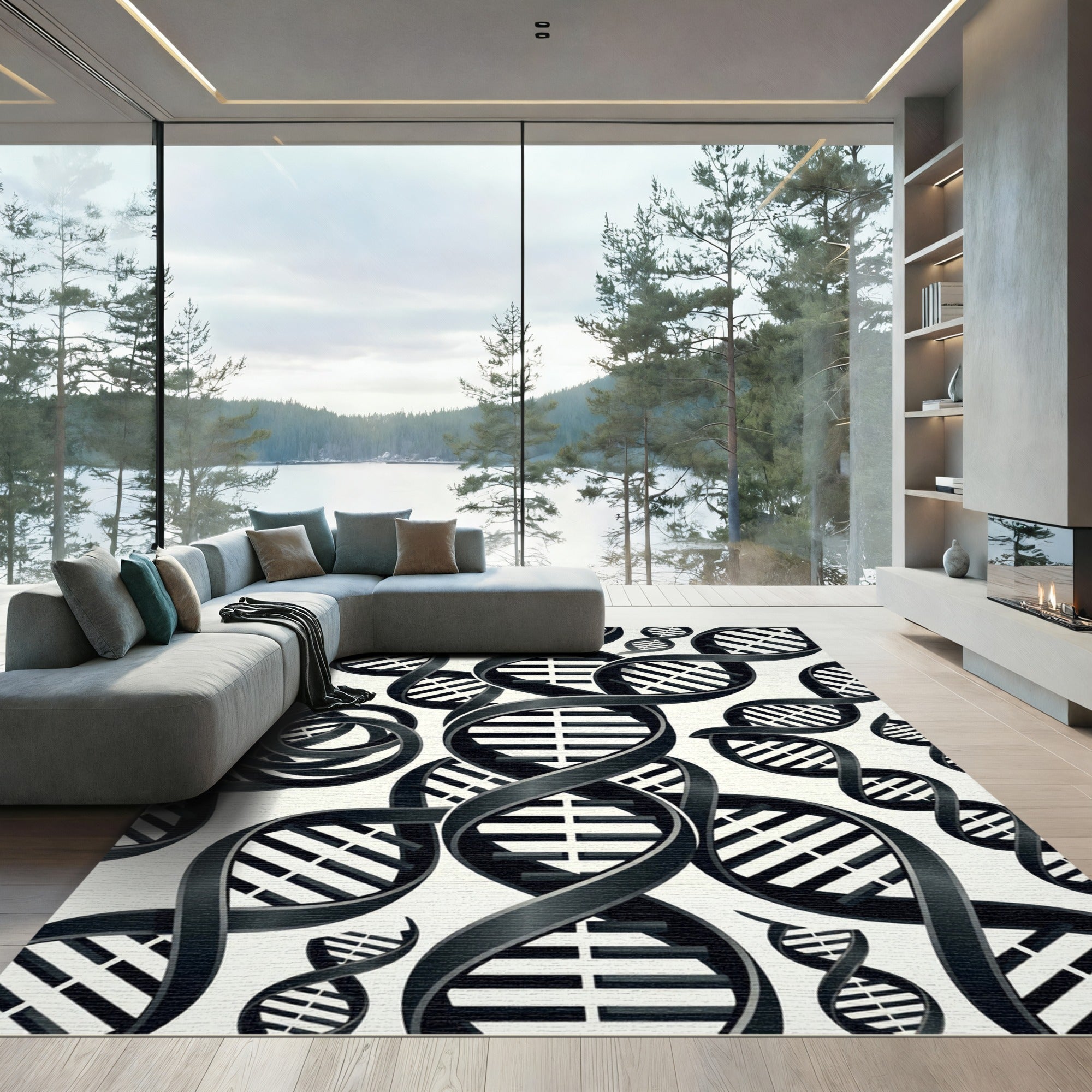 Black DNA Helix Abstract Art Rug