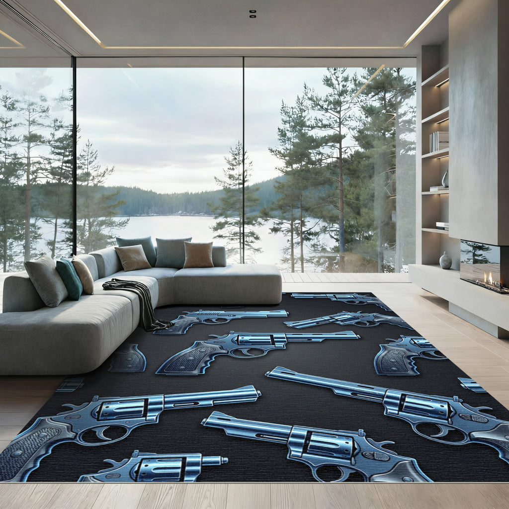 Metallic Blue Revolver Firearms Illustration Rug