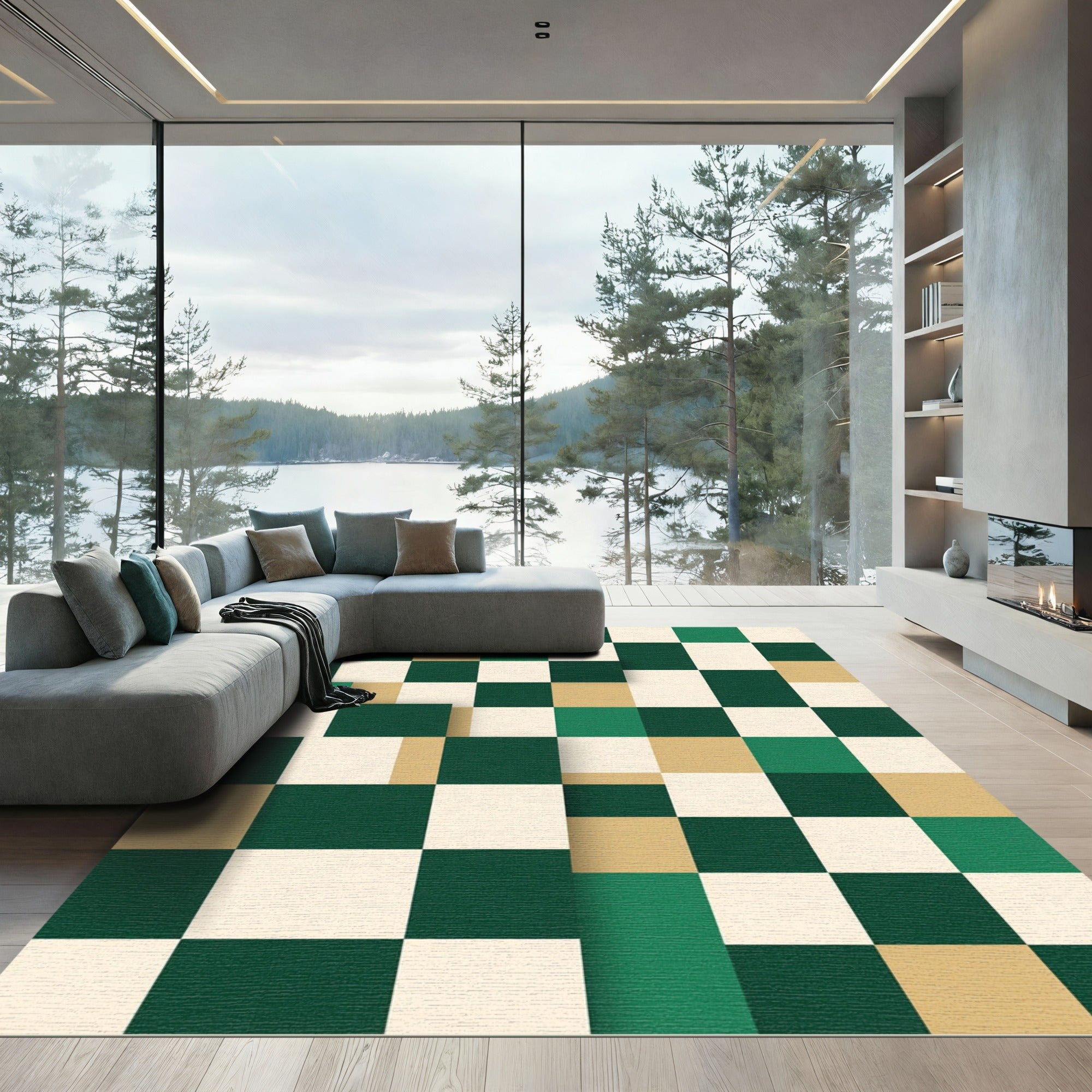 Green Beige Cream Checkerboard Quadratics Rug