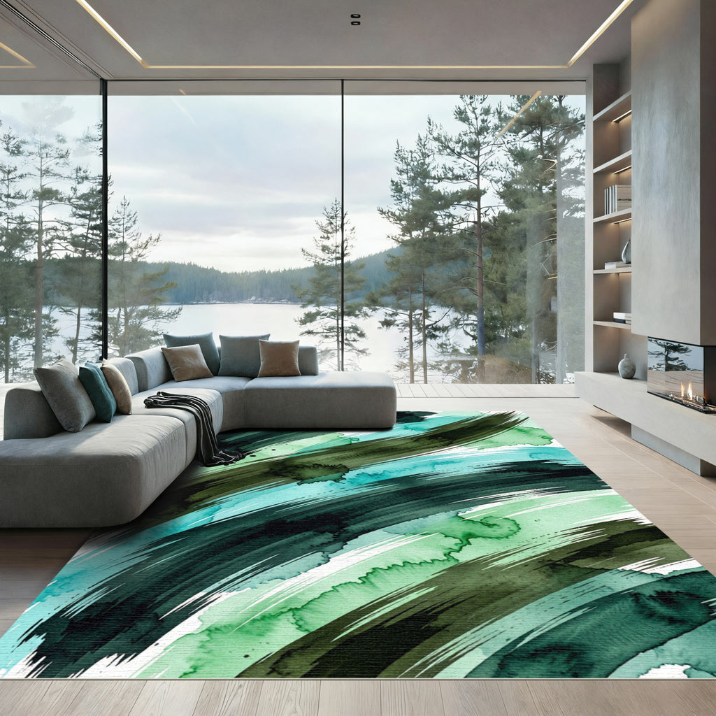 Emerald Green Abstract Watercolor Brushstroke Rug