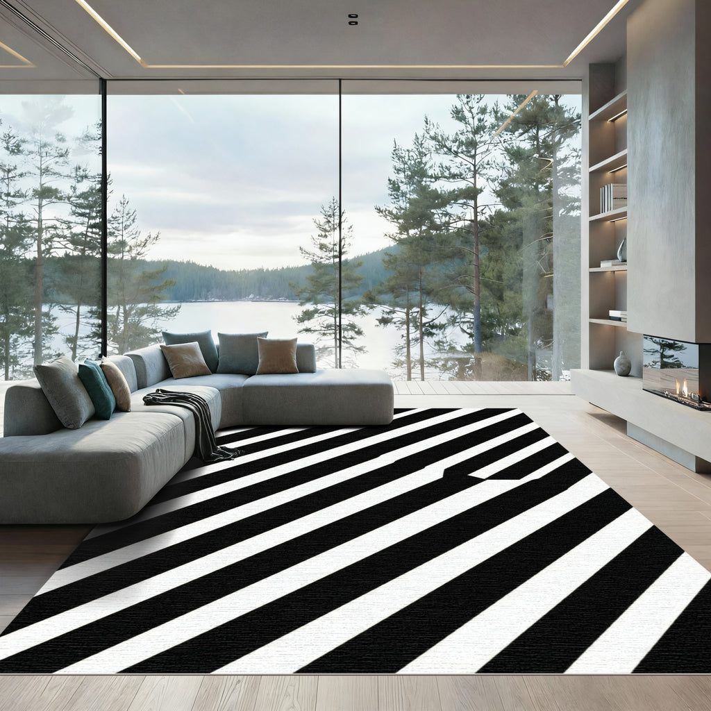 Bold Black White Diagonal Stripe Rug