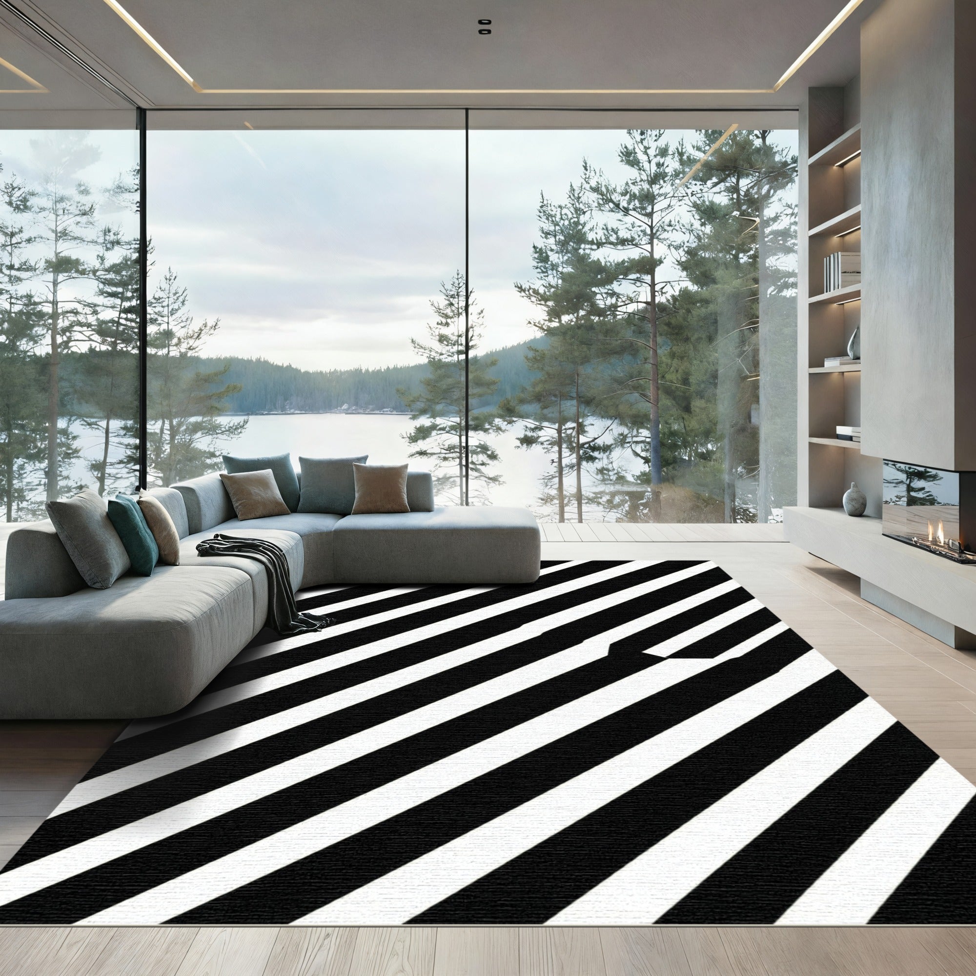Bold Black White Diagonal Stripe Rug
