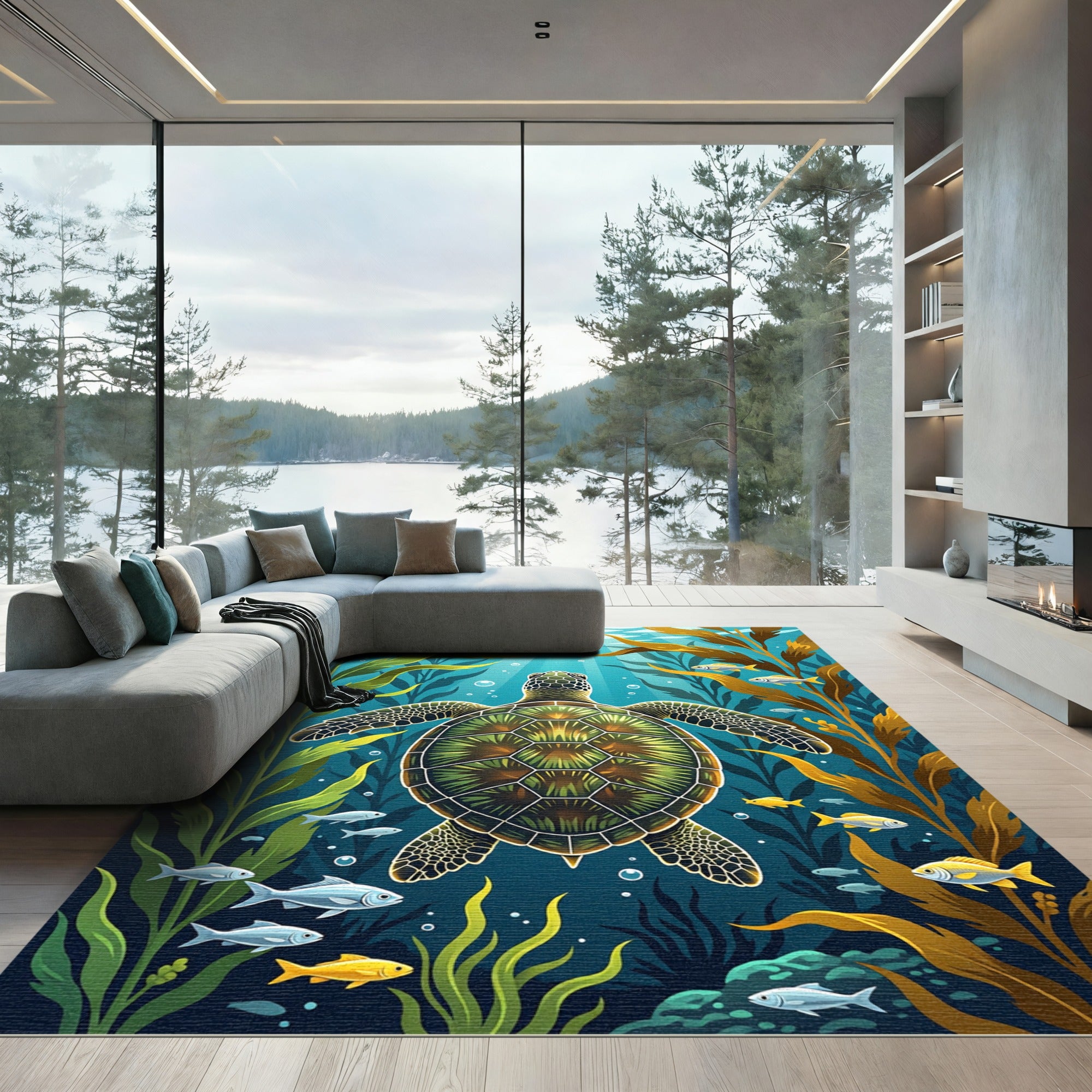 Majestic Sea Turtle Kelp Forest Rug