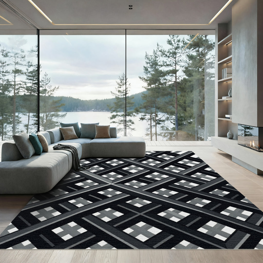 Monochrome Geometric Intersecting Grid Crosses Rug