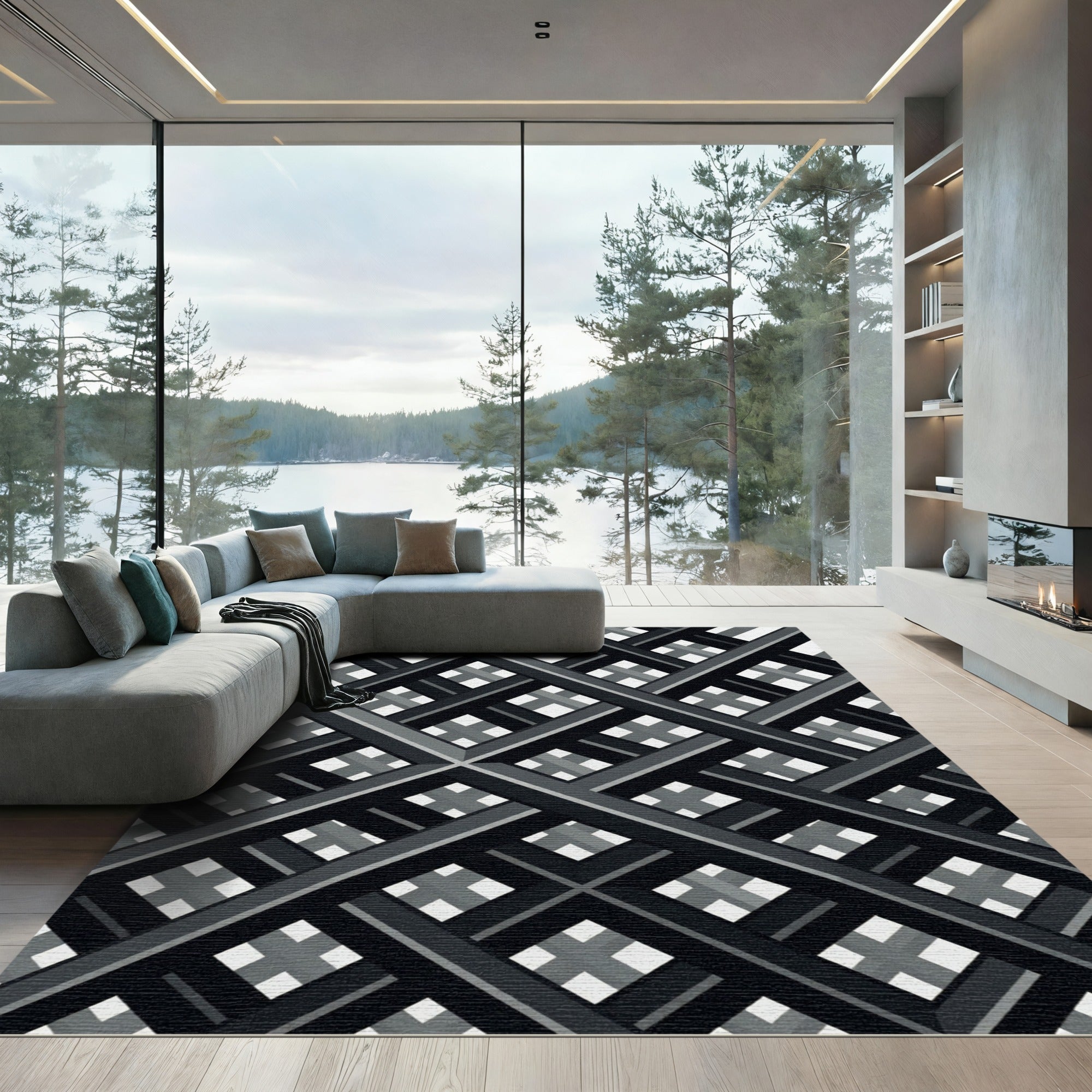 Monochrome Geometric Intersecting Grid Crosses Rug