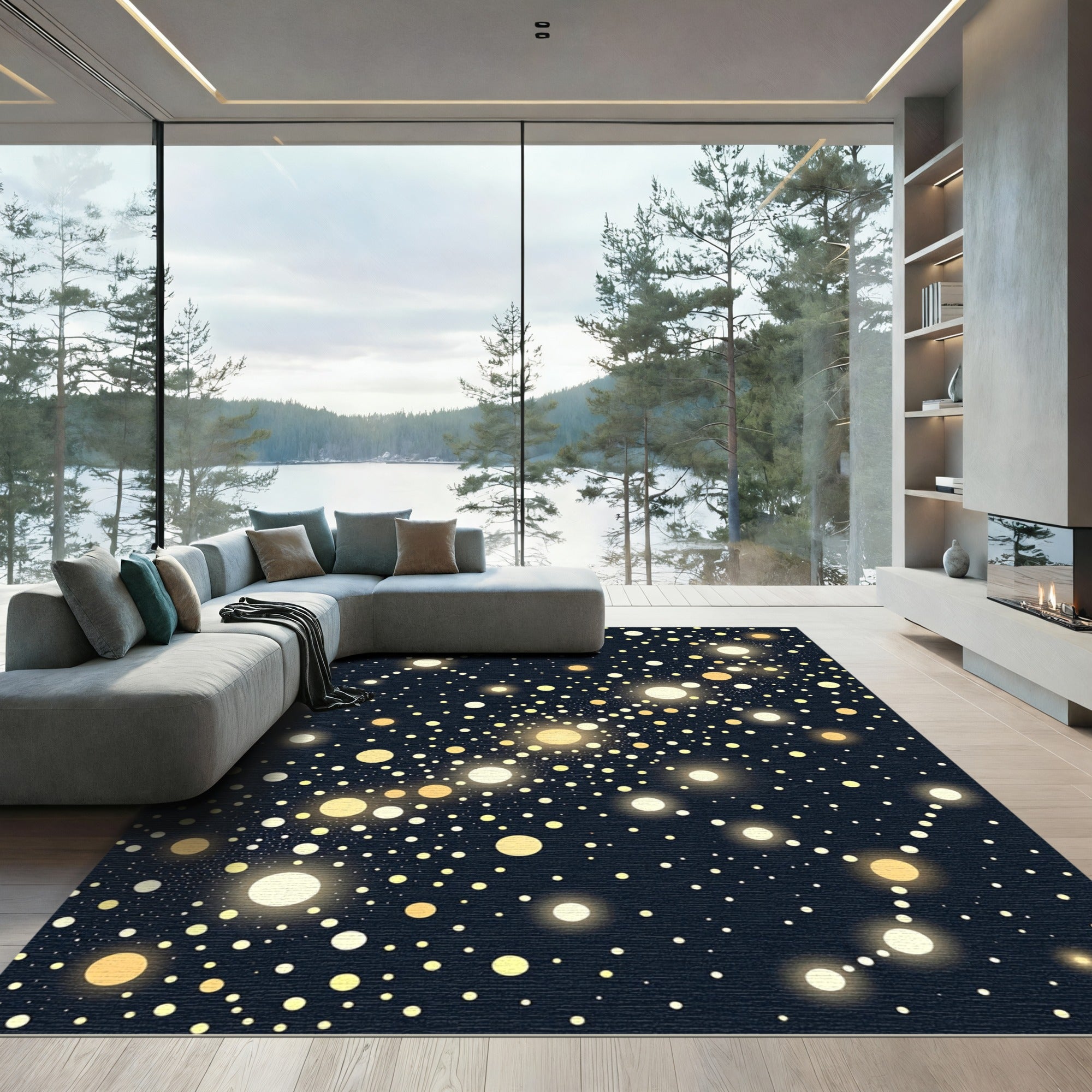 Celestial Golden Orbs Night Sky Rug