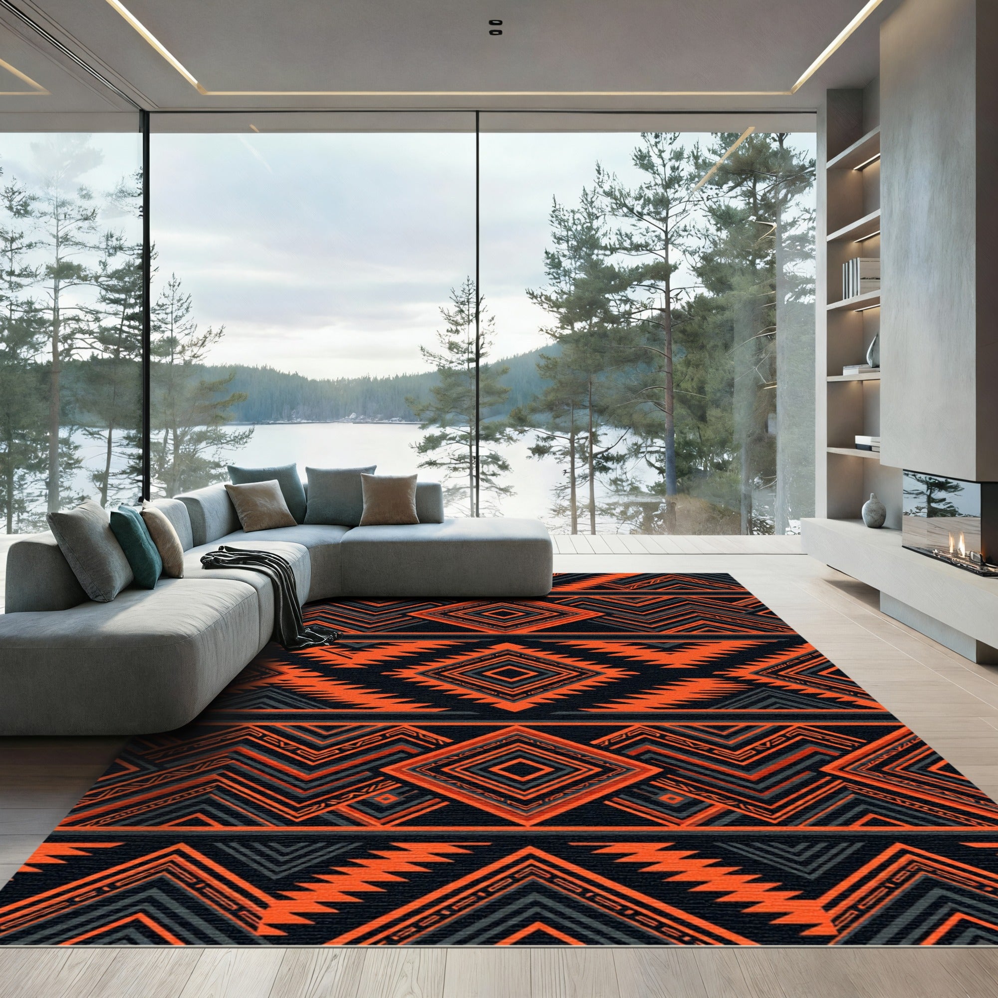 Bold Orange Black Geometric Diamond Rug