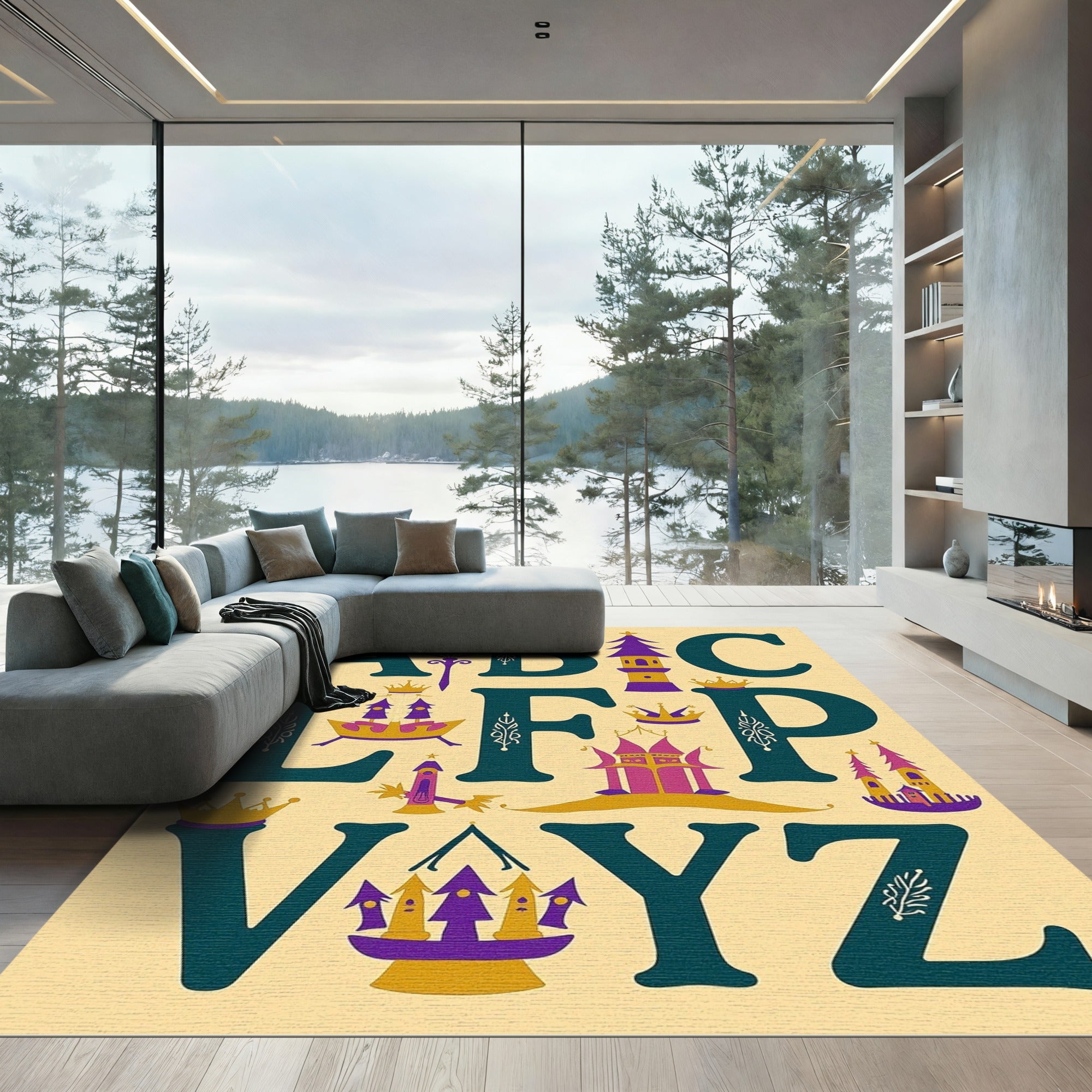 Royal Purple Gold Castle Alphabet Rug