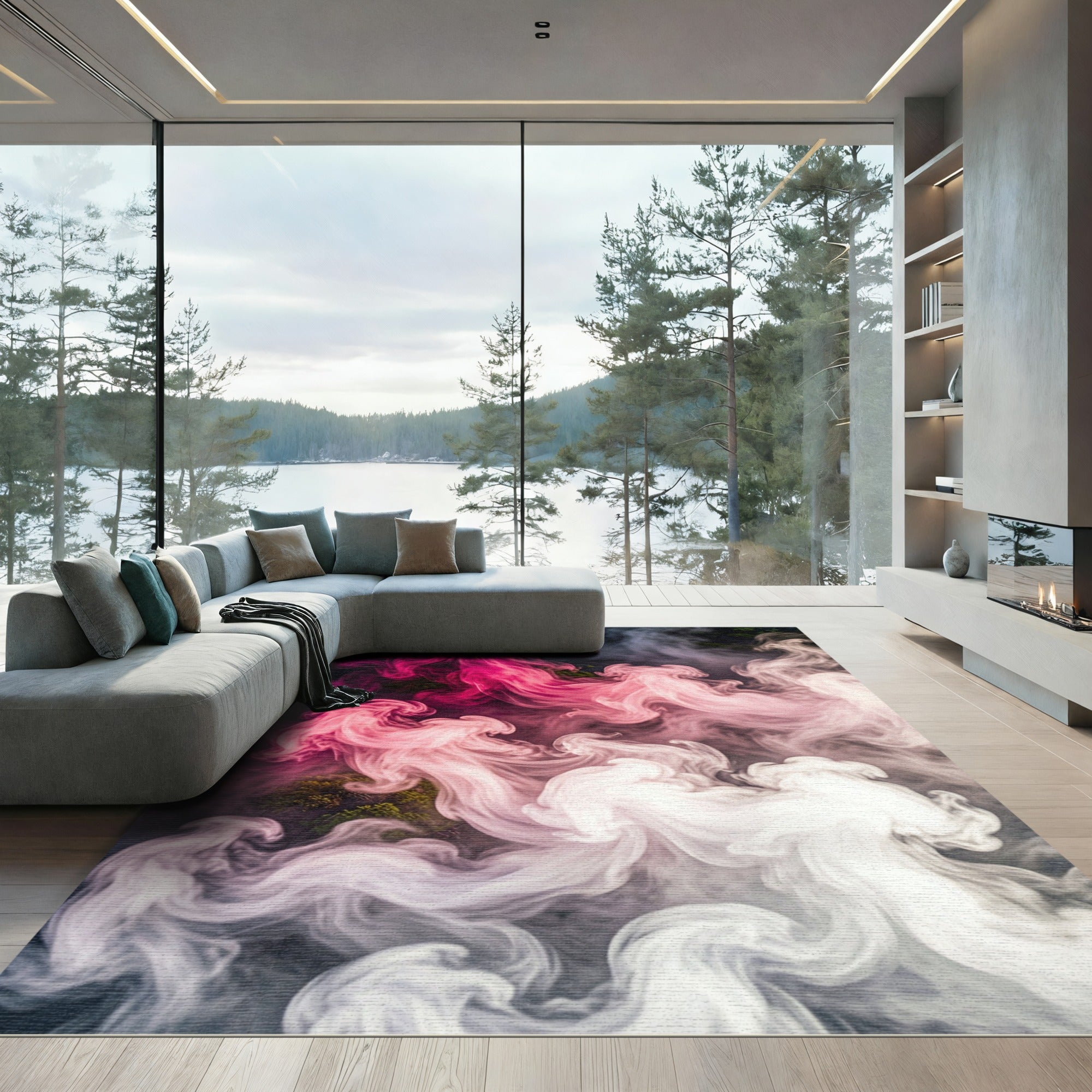 Vibrant Pink Cloud Swirl Abstract Rug