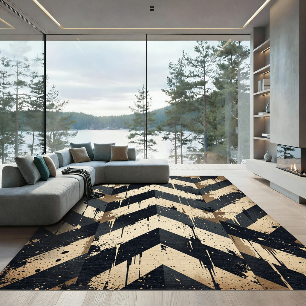 Distressed Monochrome Chevron Geometric Rug