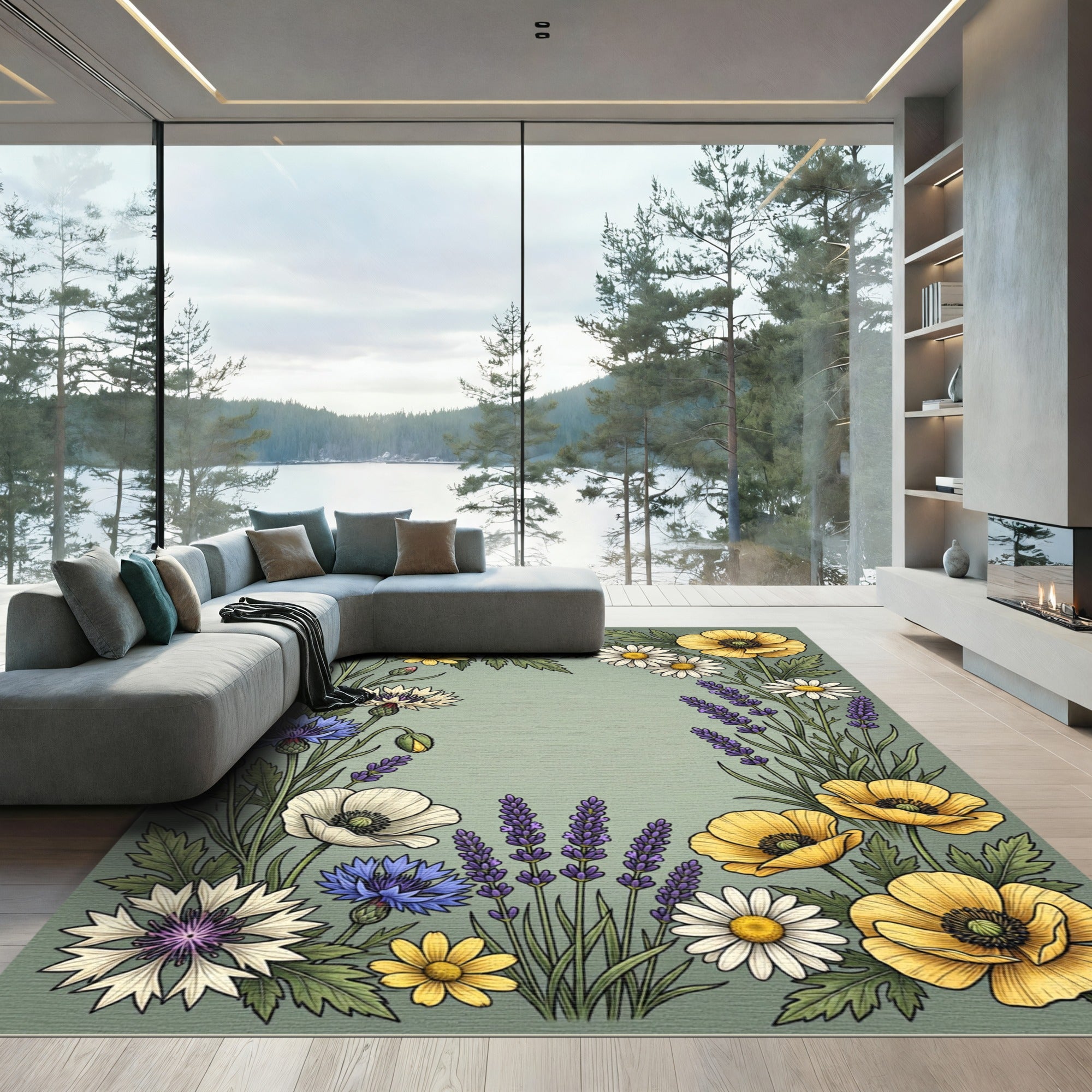 Botanical Wildflower Meadow Sage Green Rug