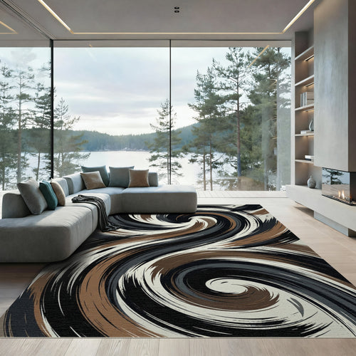 Abstract Swirl Brown Black White Rug