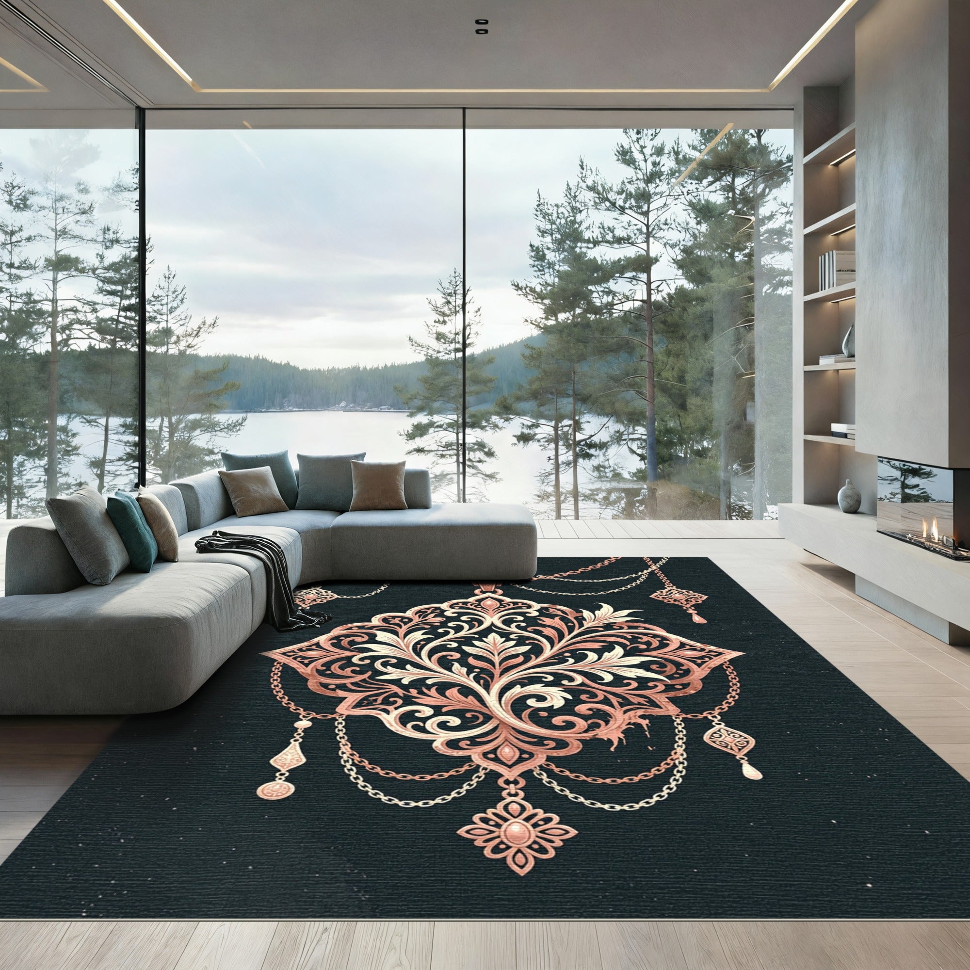 Antique Rose Gold Filigree Medallion Rug