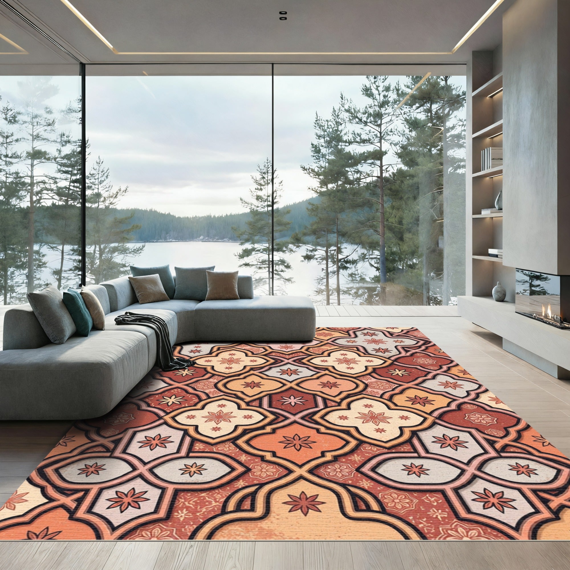 Terracotta Floral Geometric Tile Art Rug