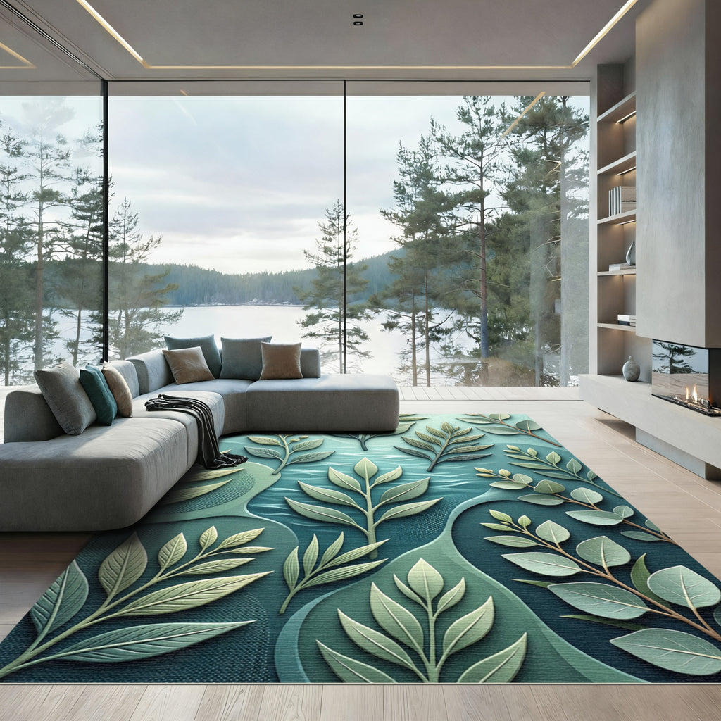 Earthy Green Botanical Branches Swirl Rug