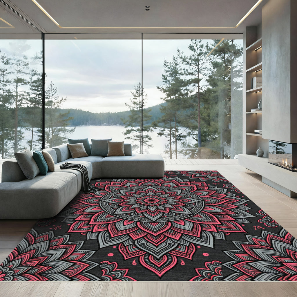 Pink and Grey Floral Mandala Symmetry Rug