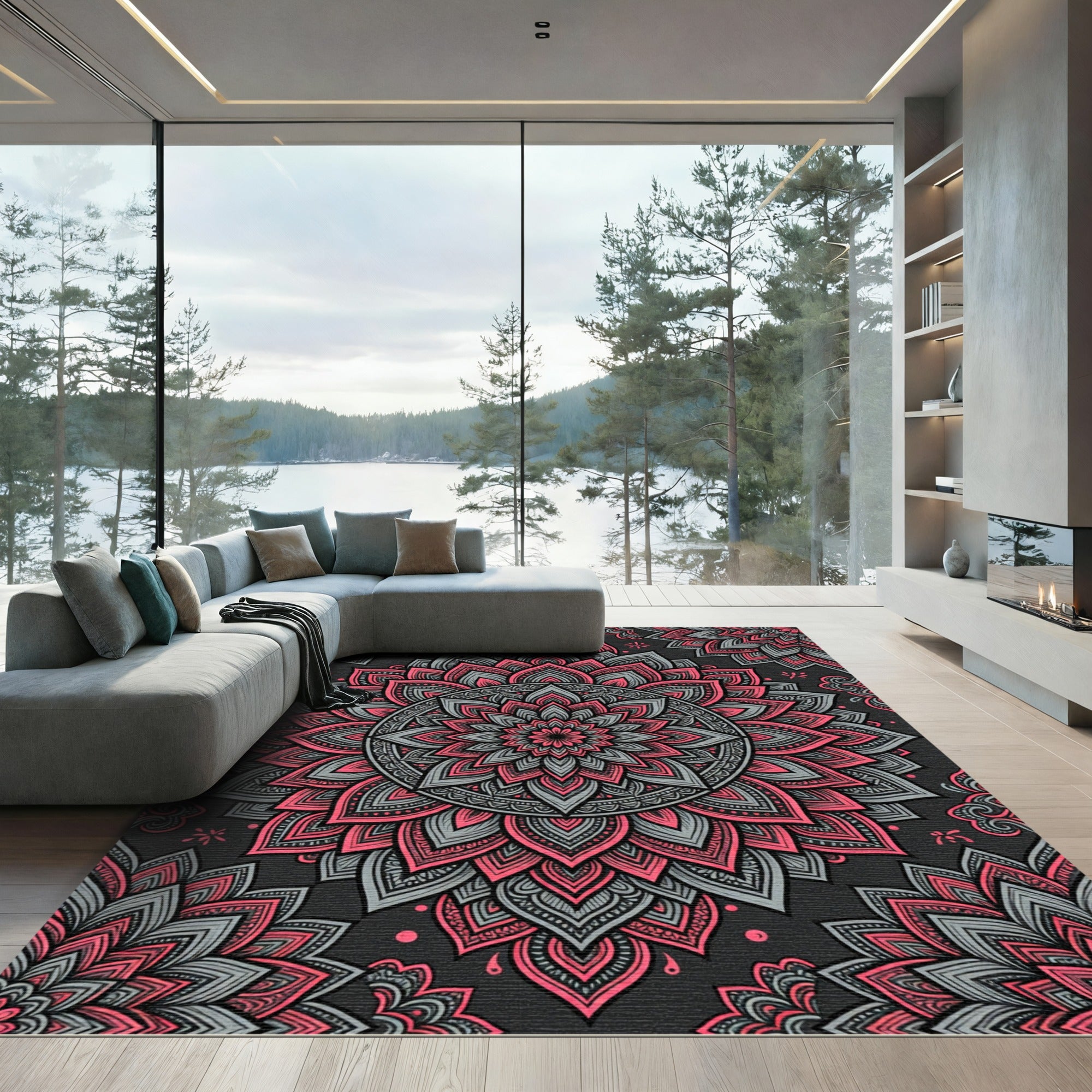 Pink and Grey Floral Mandala Symmetry Rug