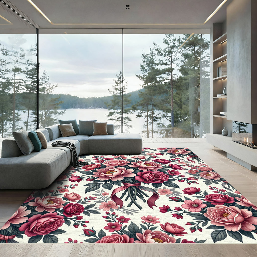 Romantic Pink Rose Peony Bouquet Rug