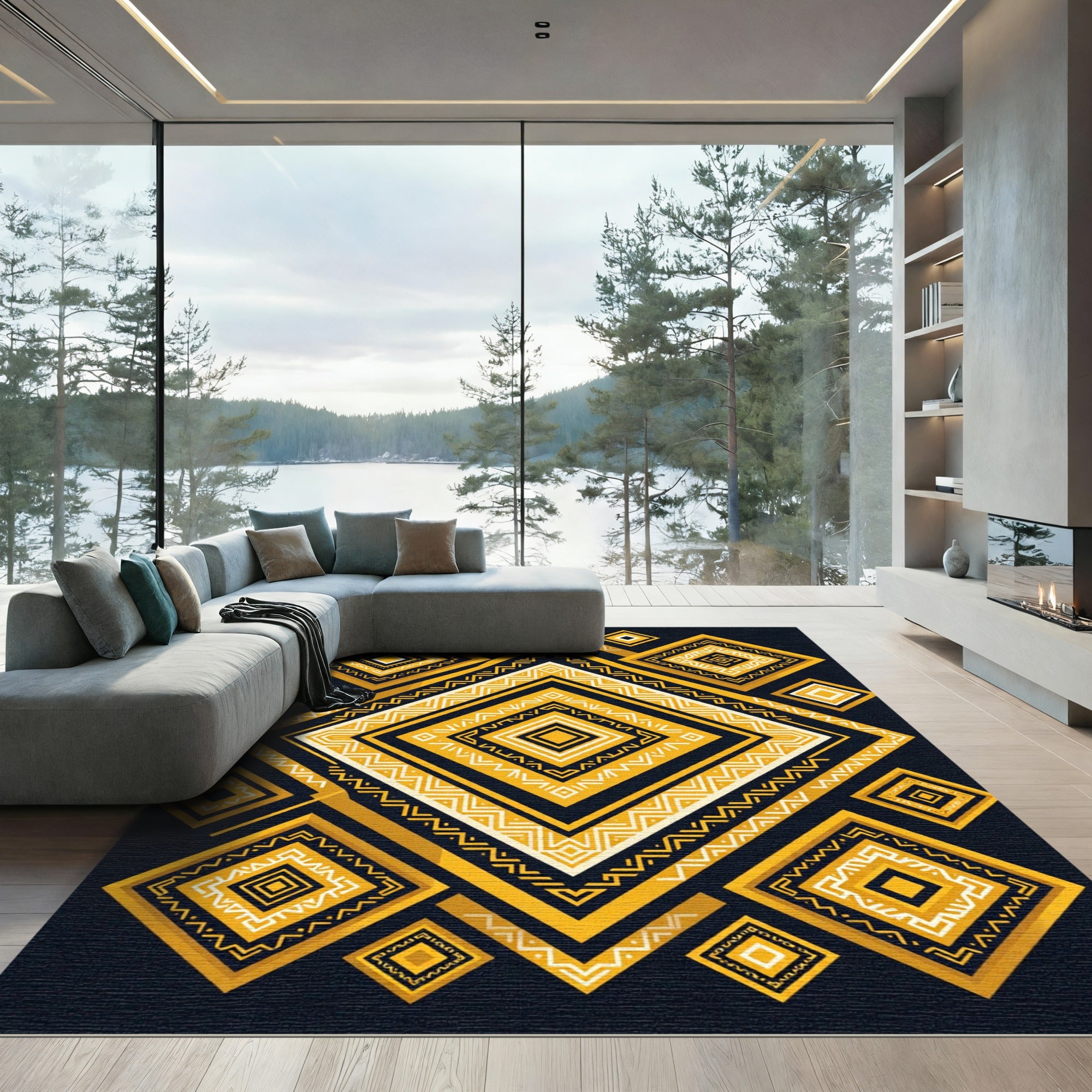 Golden Geometric Diamonds Tribal Art Rug