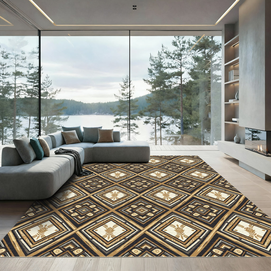Golden Black Diamond Geometric Medallion Rug