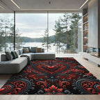 Ornate Red Black Heart Damask Rug