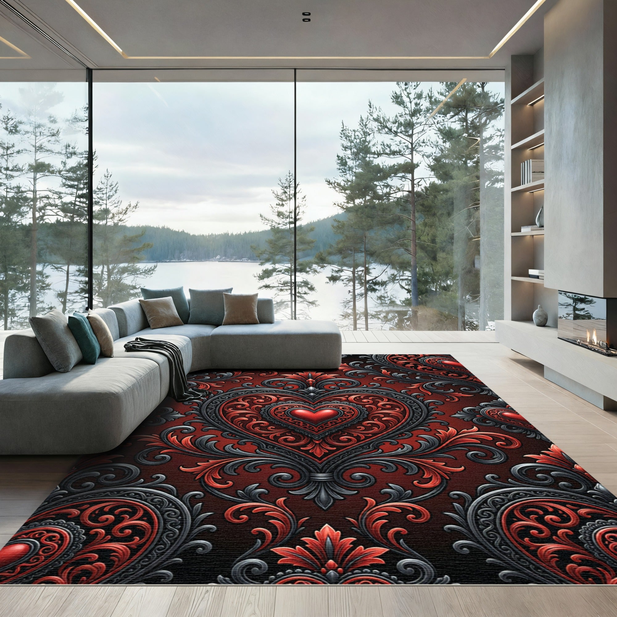 Ornate Red Black Heart Damask Rug