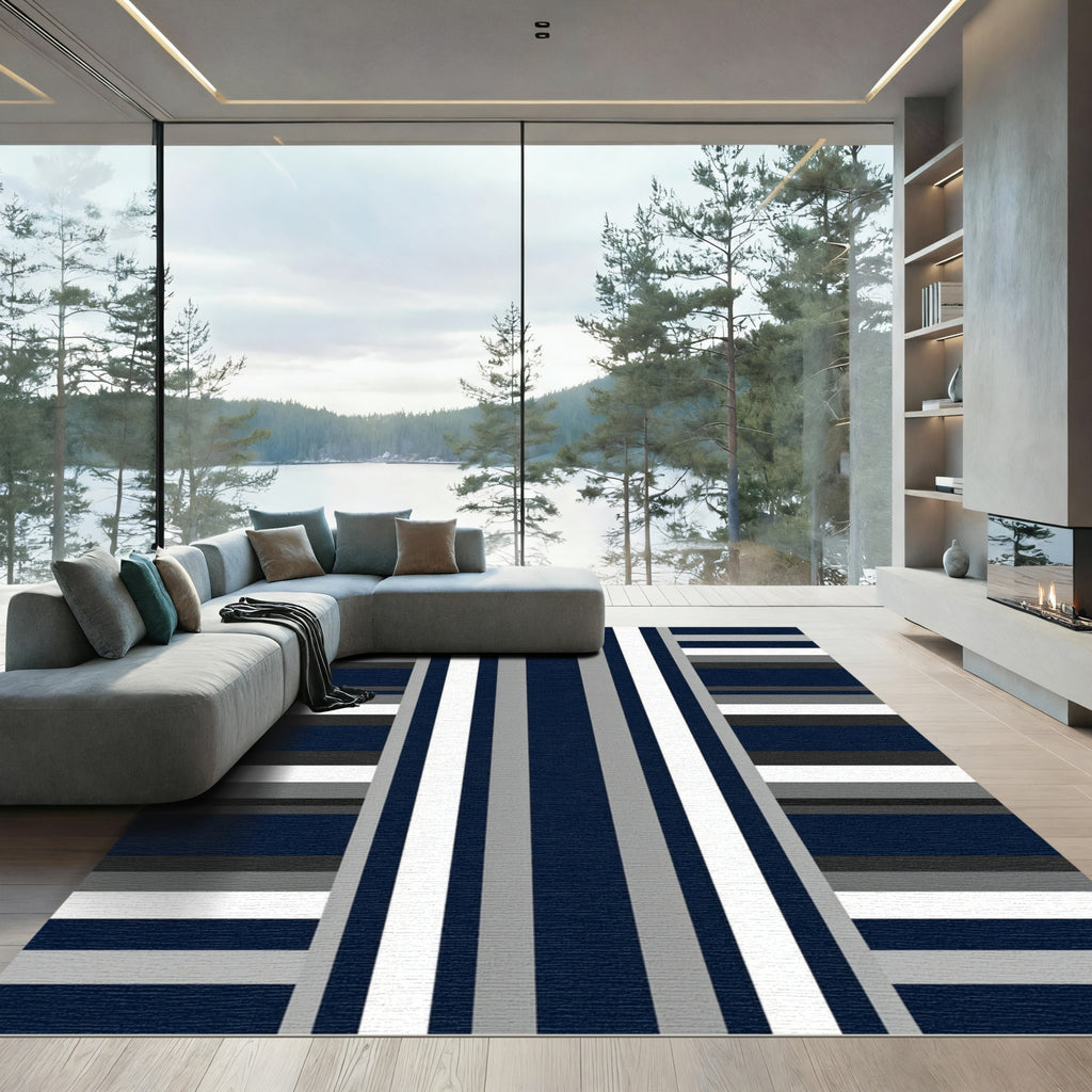 Modern Navy Gray Striped Minimalist Rug