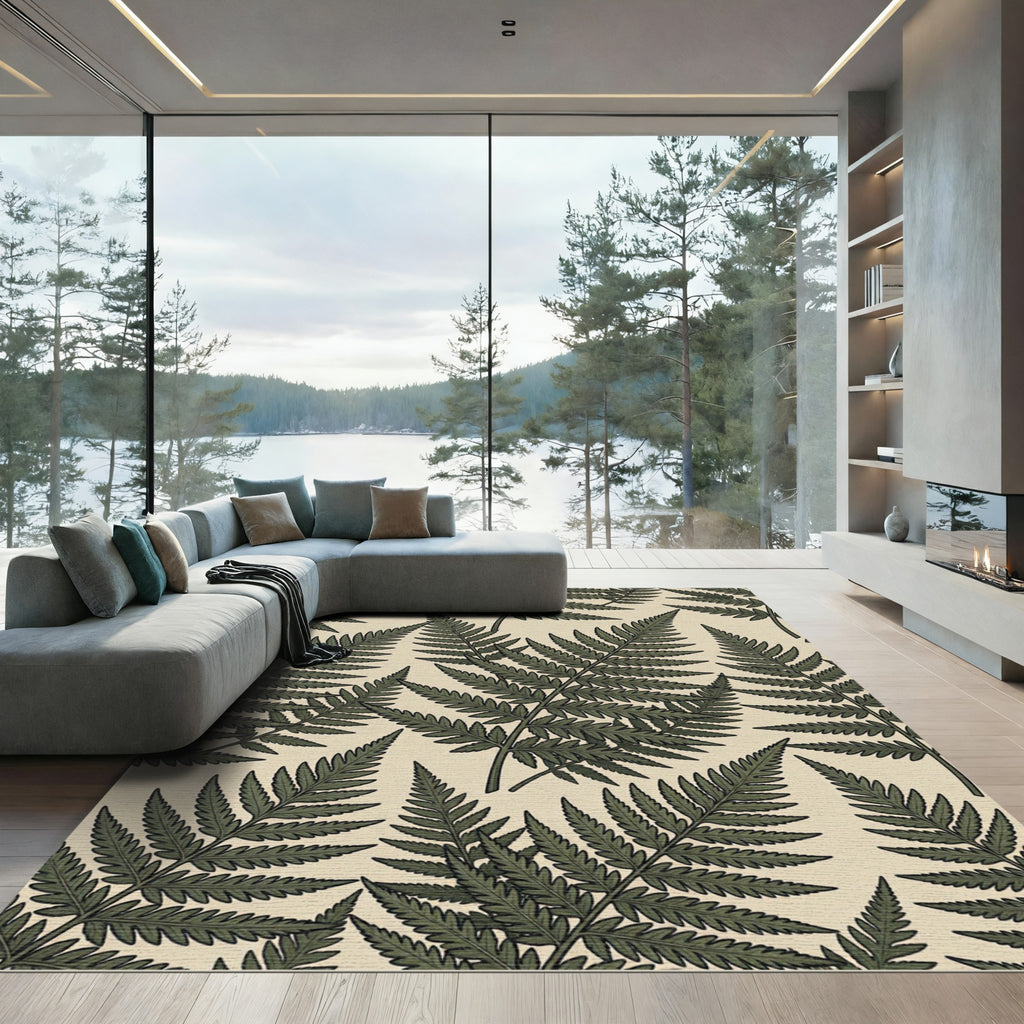 Dark Green Fern Botanical Pattern Rug