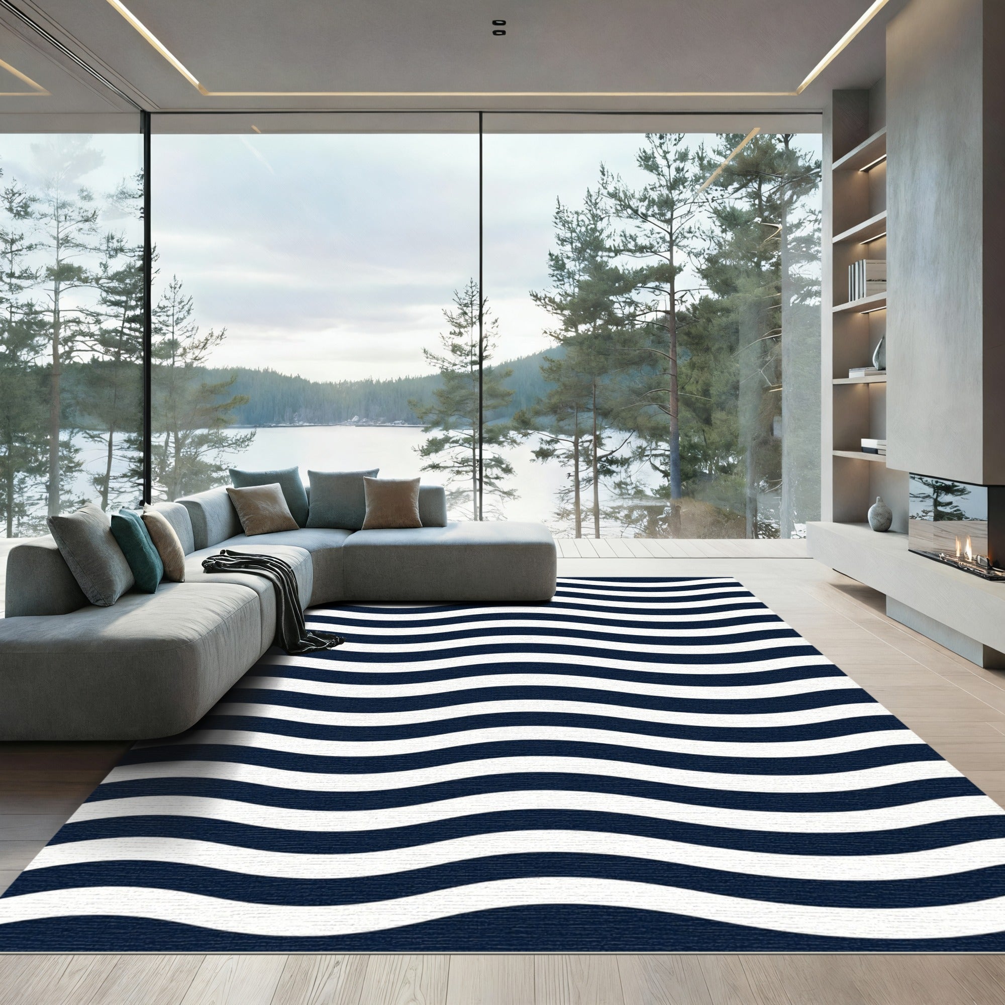 Classic Navy and White Wavy Stripe Rug