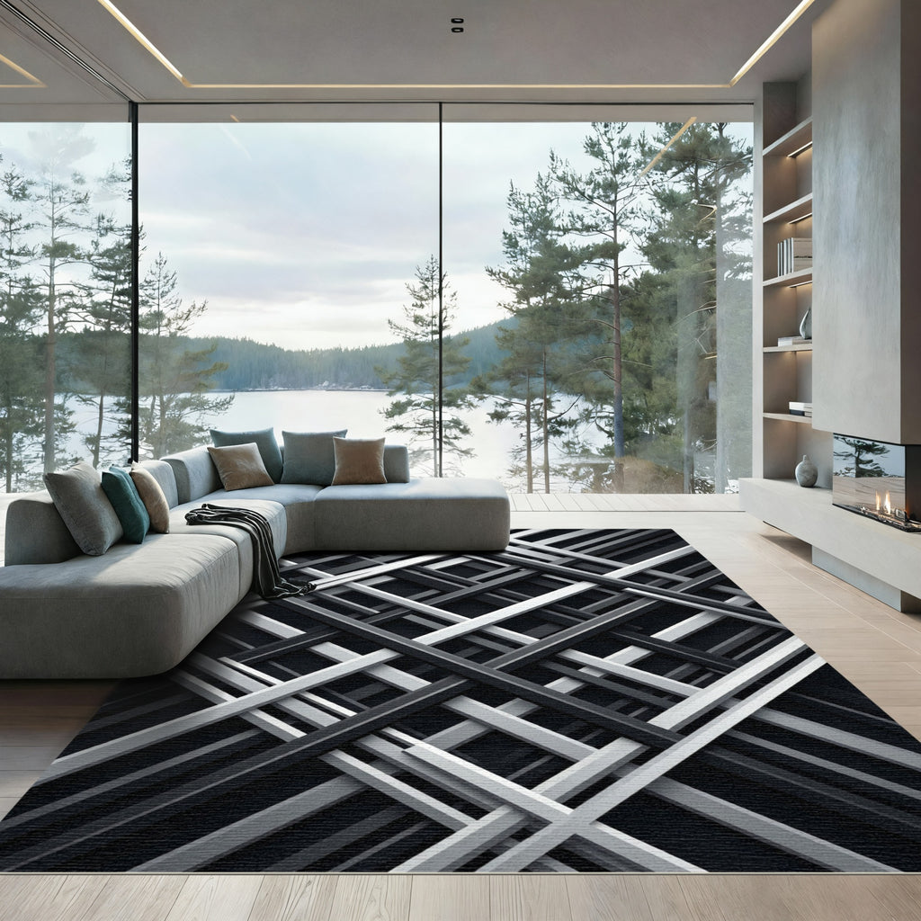 Modern Monochrome Intersecting Geometric Lattice Rug