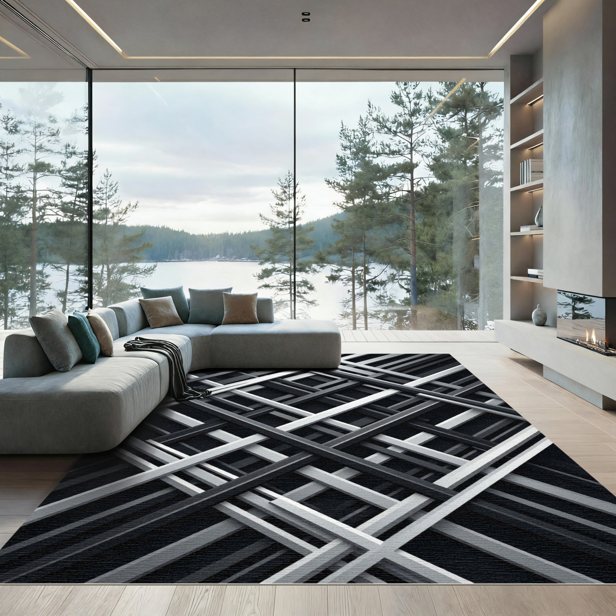 Modern Monochrome Intersecting Geometric Lattice Rug