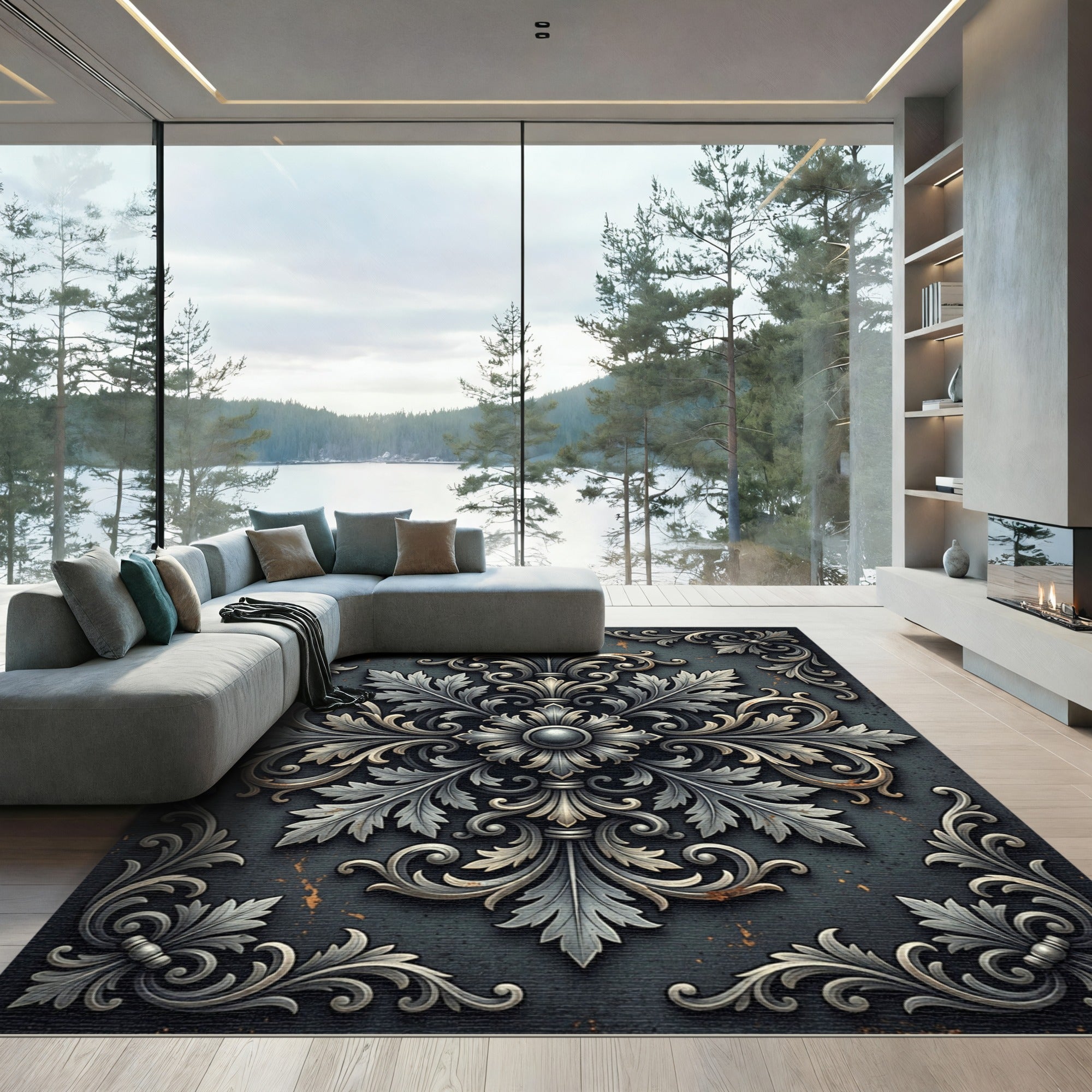 Ornate Charcoal Silver Baroque Medallion Rug