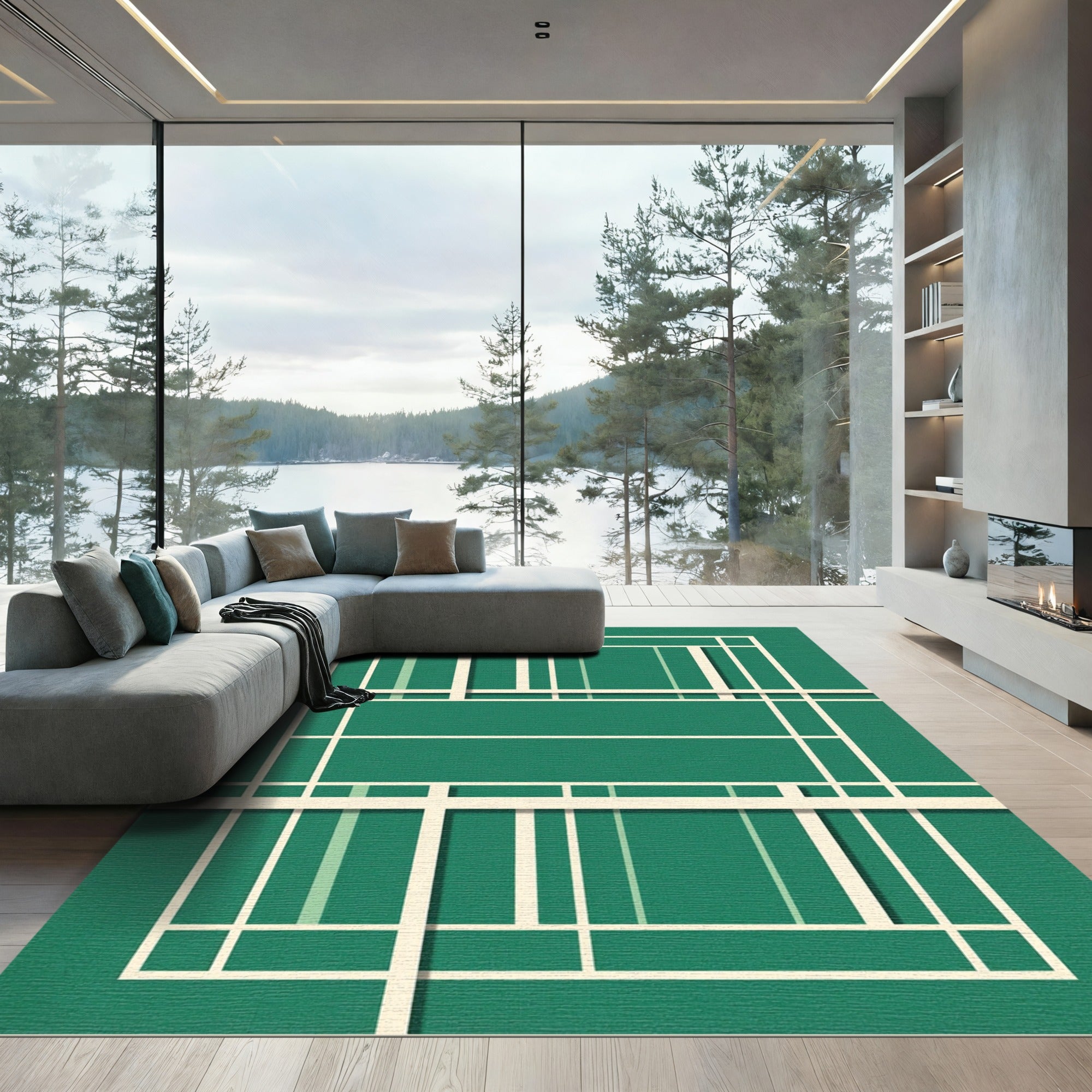 Modern Geometric Emerald Linear Grid Rug