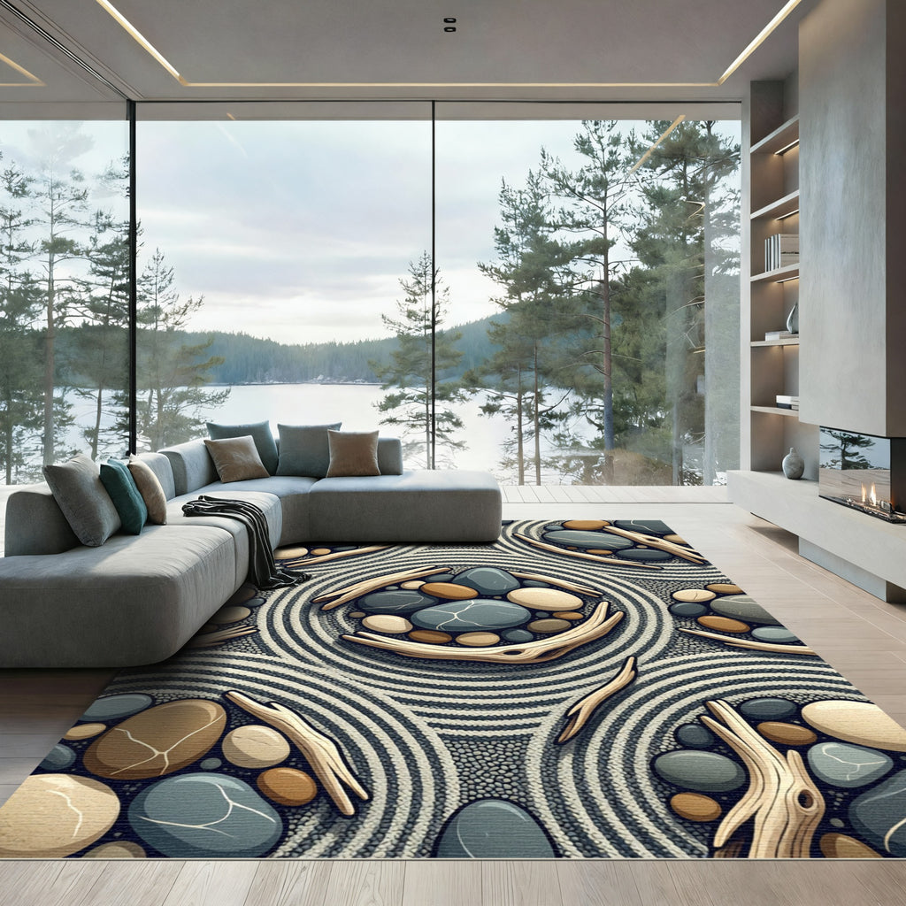Natural Driftwood Stone Pebble Circles Rug