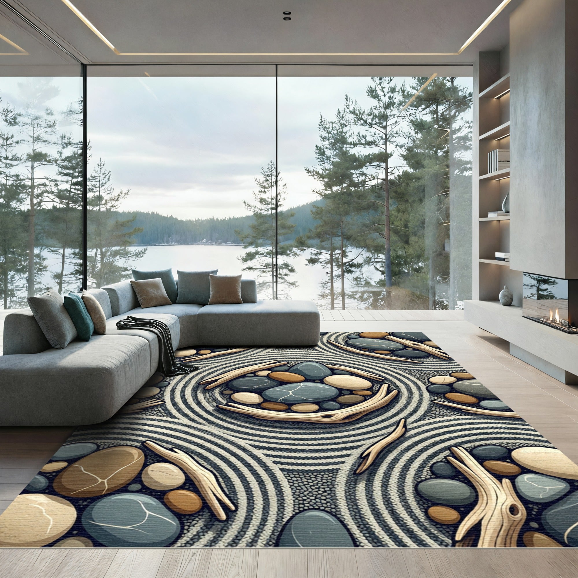 Natural Driftwood Stone Pebble Circles Rug