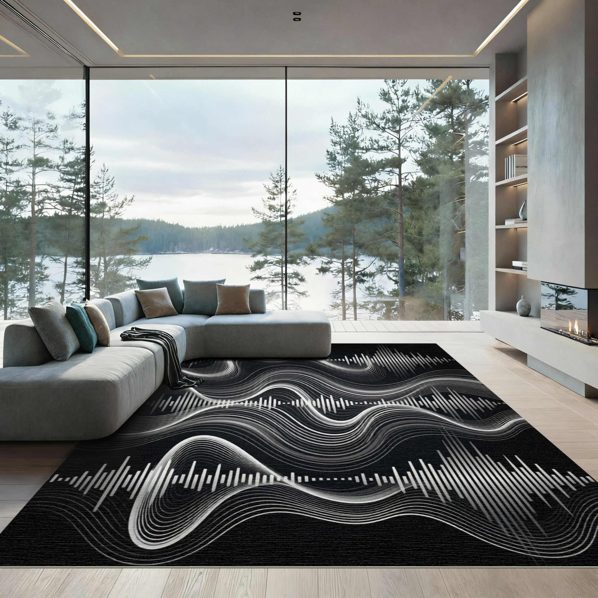Dynamic White Waveform Audio Spectrum Rug