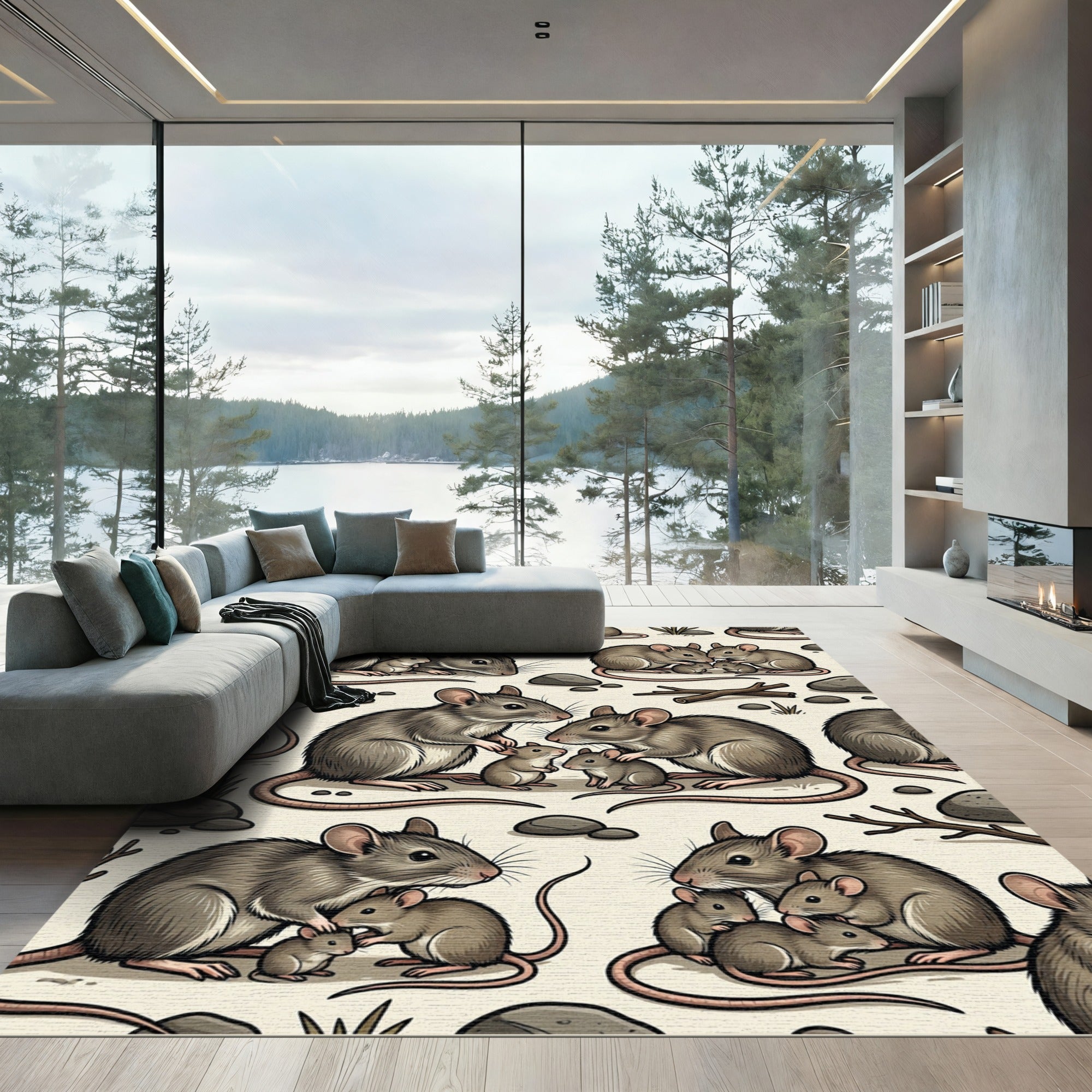 Gray Mouse Family Field Illustration Rug