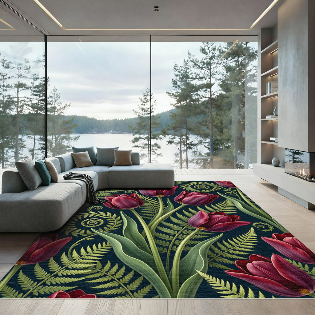 Deep Burgundy Tulips Fern Swirls Rug