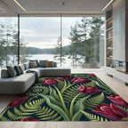 Deep Burgundy Tulips Fern Swirls Rug